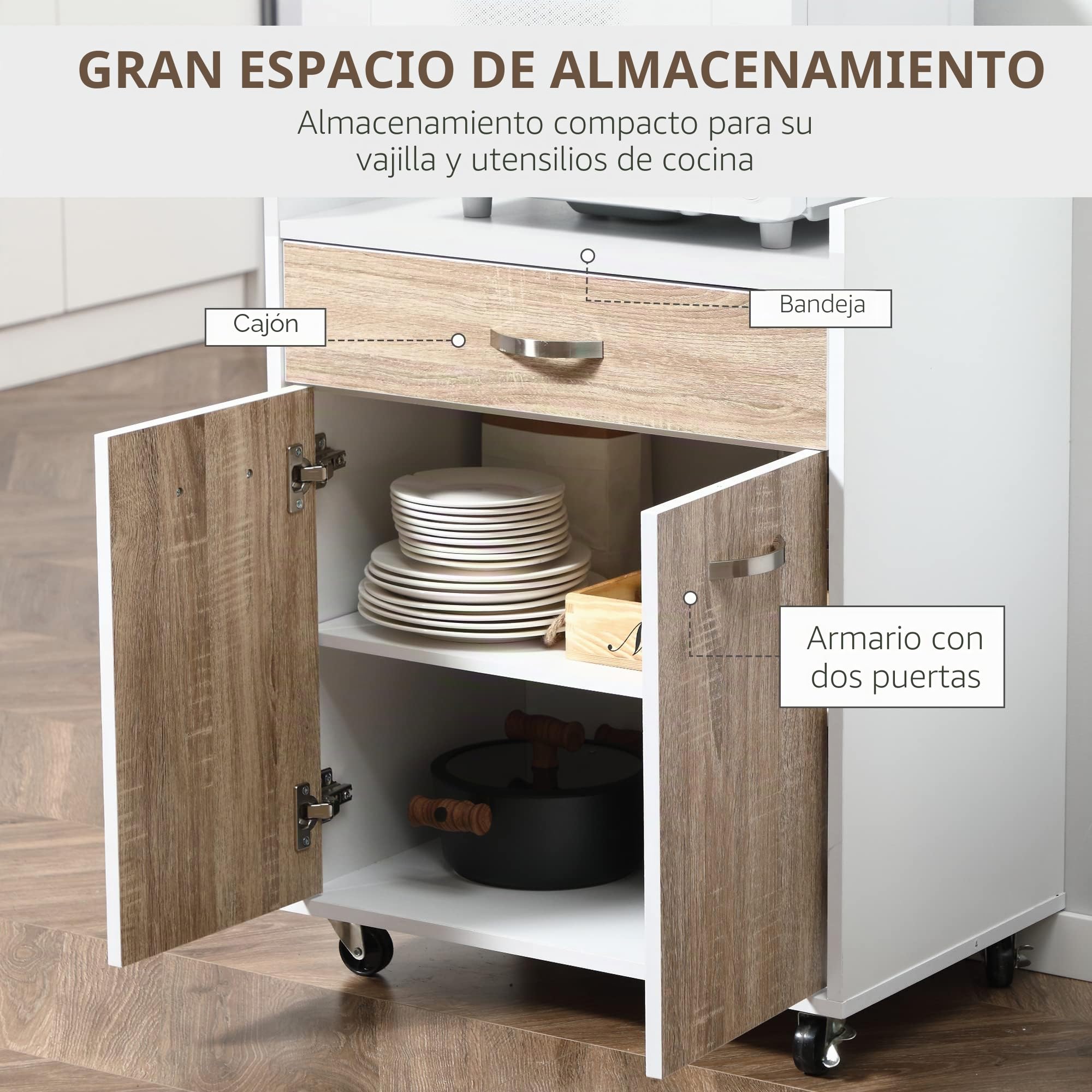 HOMCOM Carro de servicio con ruedas Cajón Armario Madera Blanco Roble Claro | Postre de cocina, 2 puertas