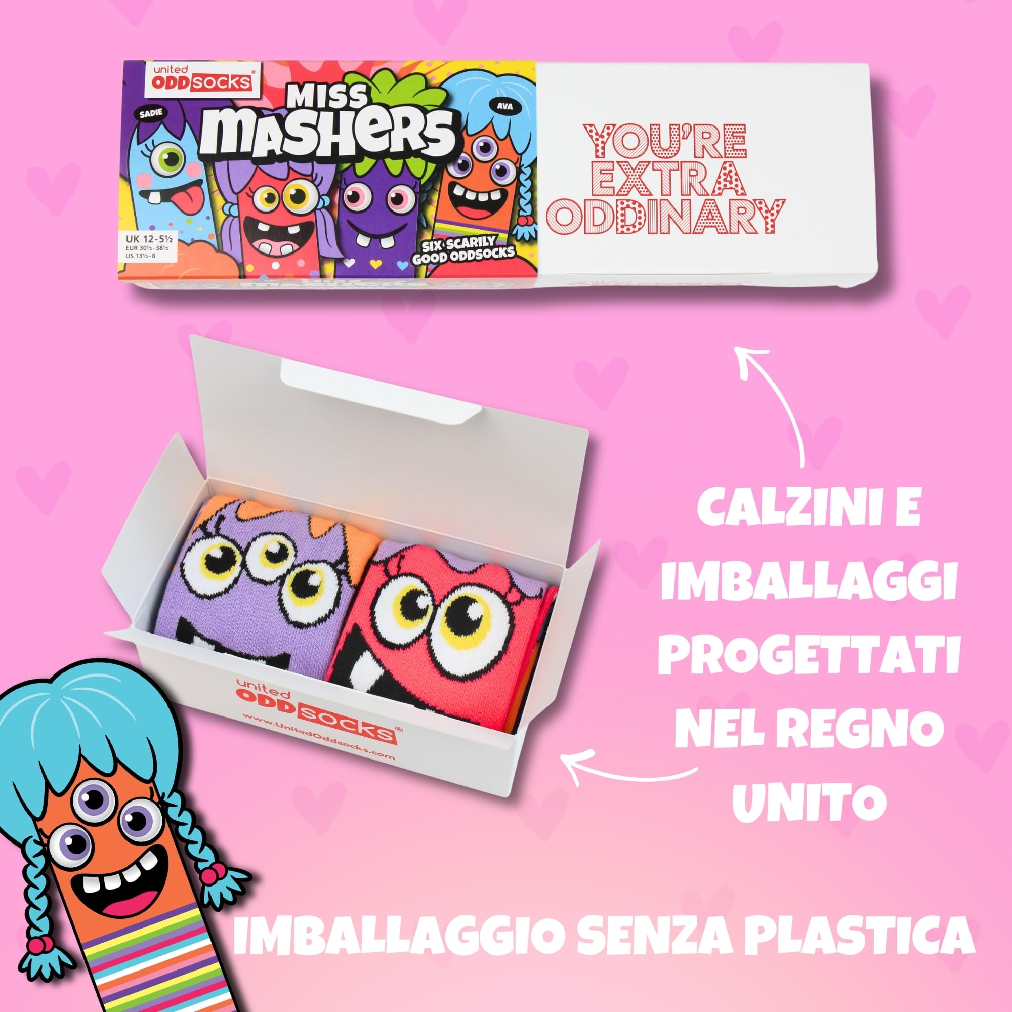 United Oddsocks – Miss Mashers – Confezione da 6 calzini per ragazze, misure 30.5-38.5.