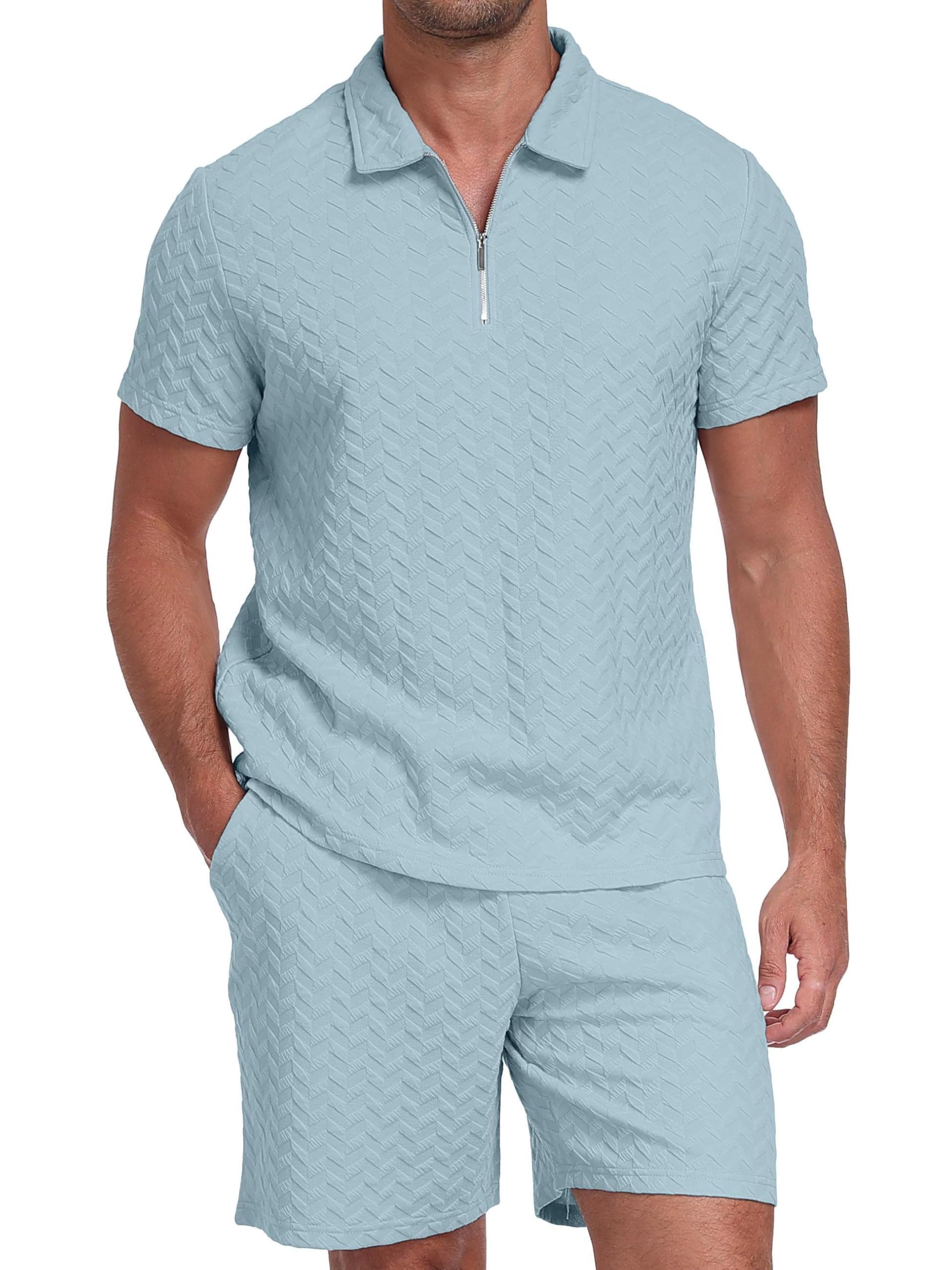 QIXING Tuta da uomo, 2 pezzi, pantaloncini estivi e maglietta con polo a mezza zip