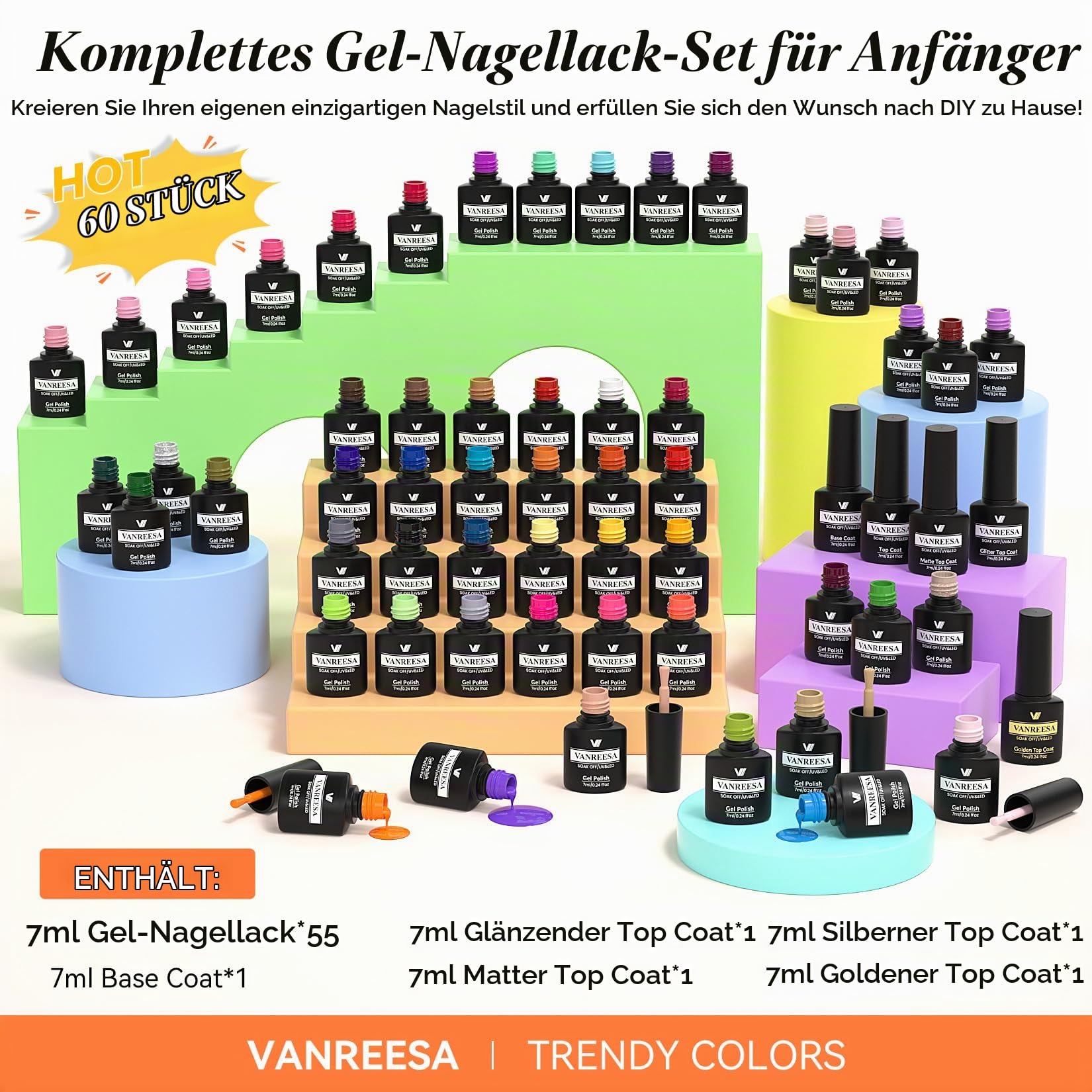 VANREESA Set mit 60 Gel-Nagellacken, 55 Farben mit Basis und 4 Glanzeffekten, komplettes Set für alle Jahreszeiten, ideal als Geschenk für Frauen und Mädchen. Verwöhnen Sie sich die Maniküre zu Hause!