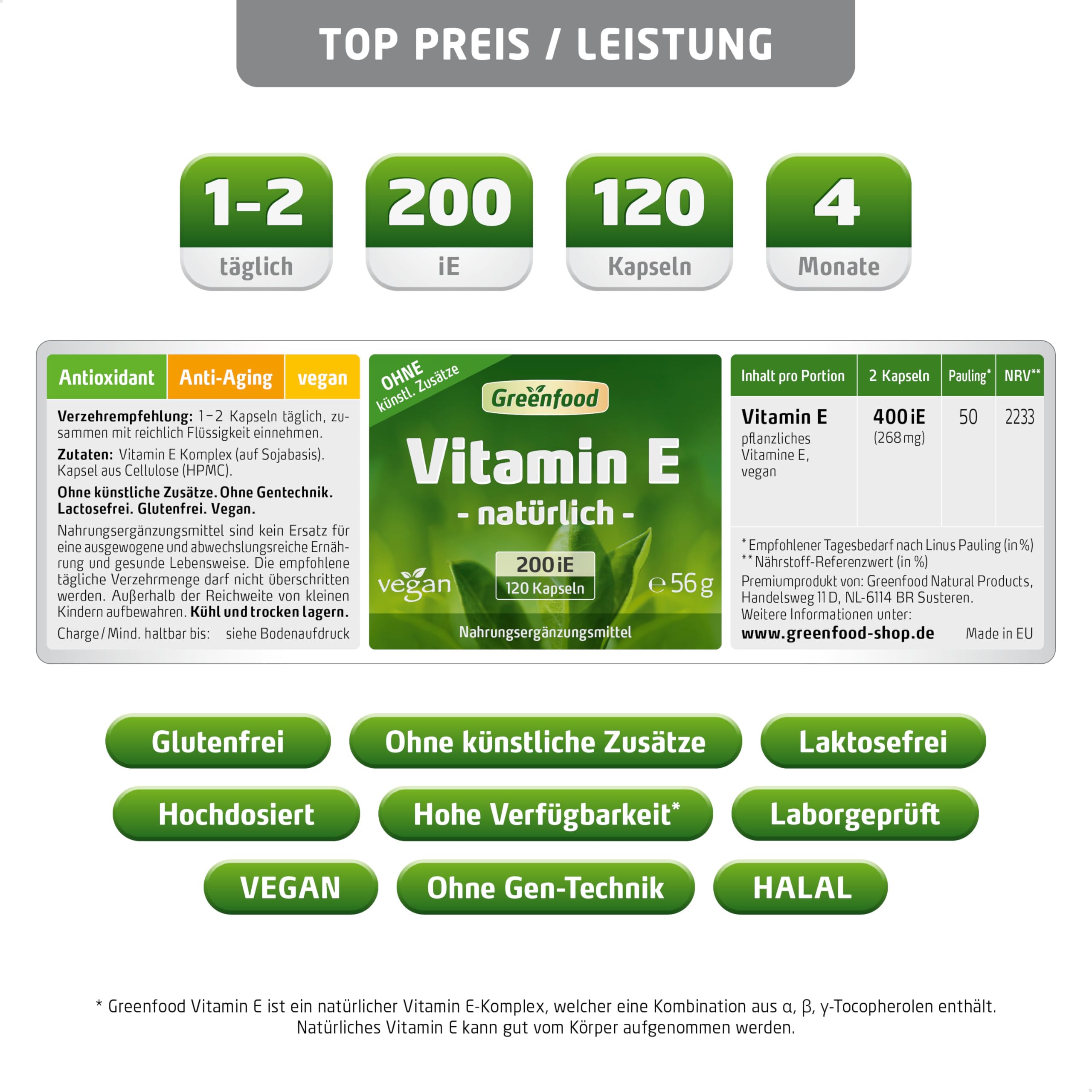 Vitamin E, hochdosiert, 200iE - 120 Kapseln, vegan. Natürliches Tocopherol – schützt die Zellen vor oxidativem Stress. OHNE künstliche Zusätze - laborgeprüft. Von Greenfood.