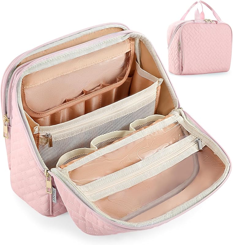 Necessaire de maquiagem em pé JOYYTUU, grande, com compartimentos e alça, Light Pink, 1 unidade