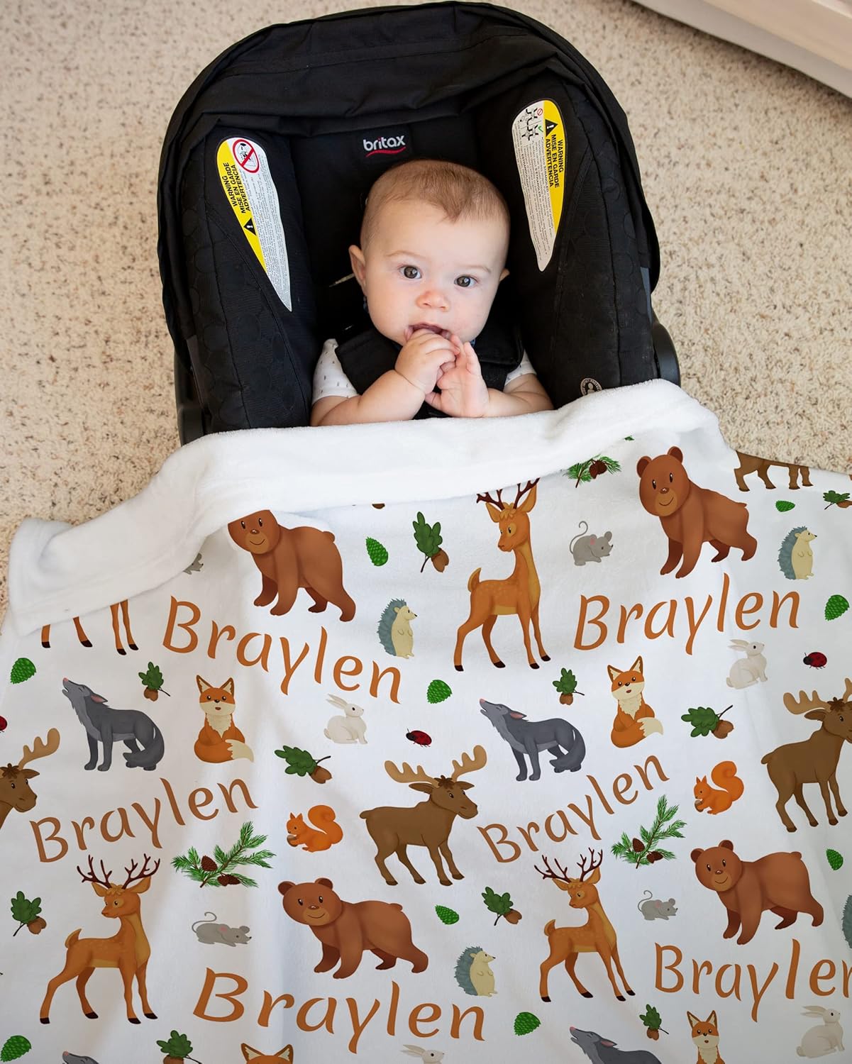 Personalized Baby Blankets for Girls & Boys with Name and Woodland Animals Fox, Deer, Moose, Bear - Custom Blankets for Baby Shower, Birthday, Christmas, New Mom - Personalized Baby Gifts