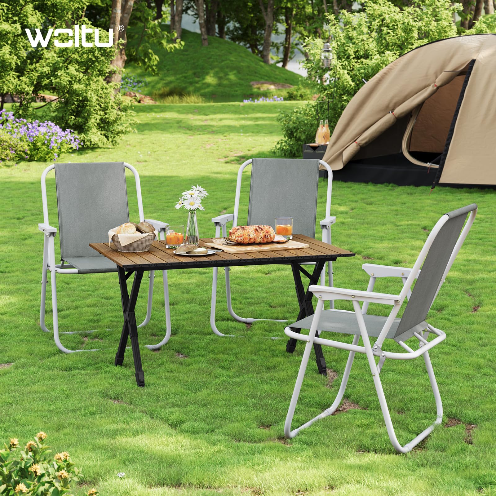 WOLTU Campingtisch klappbar, Alu Klapptisch leicht tragbar, Gartentisch klein, Picknicktisch höhenverstellbar, mit Aufbewahrungstasche, 50 kg belastbar, Tisch Balkon Garten, in Holzoptik