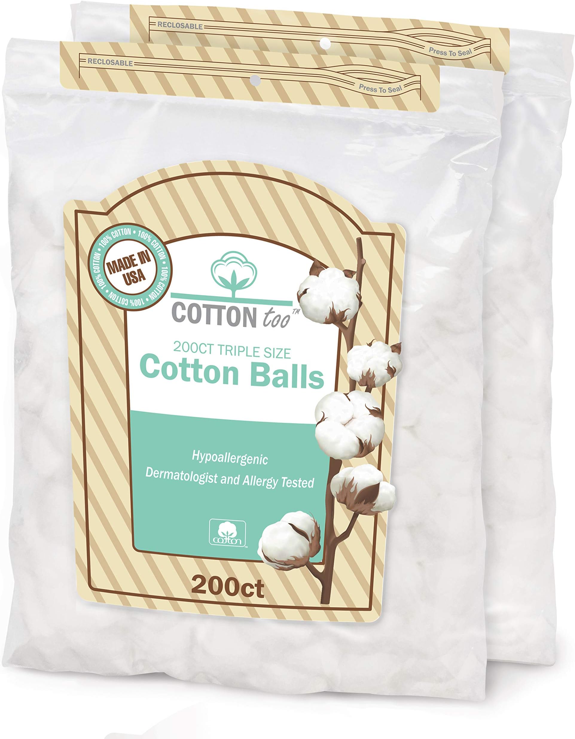 Cotton Too 200 Count Triple Size 100% Cotton Balls, 2 Pack