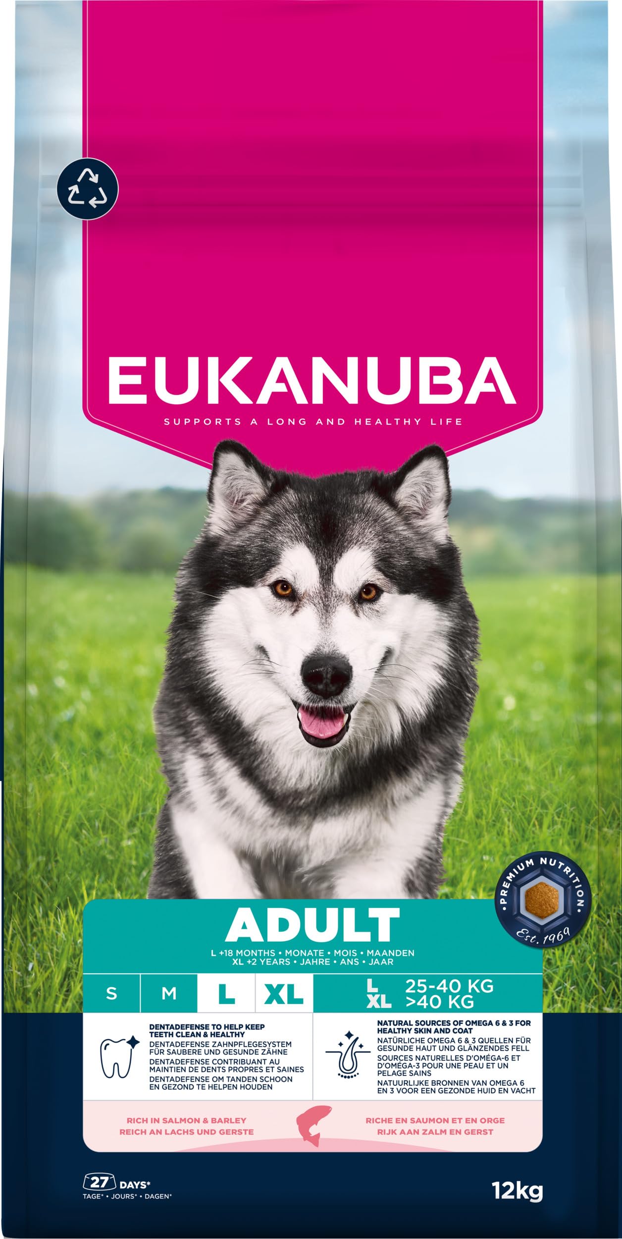 Eukanuba Hundefutter Trocken mit Lachs und Gerste für große Rassen - Premium Trockenfutter für ausgewachsene Hunde, 12 kg