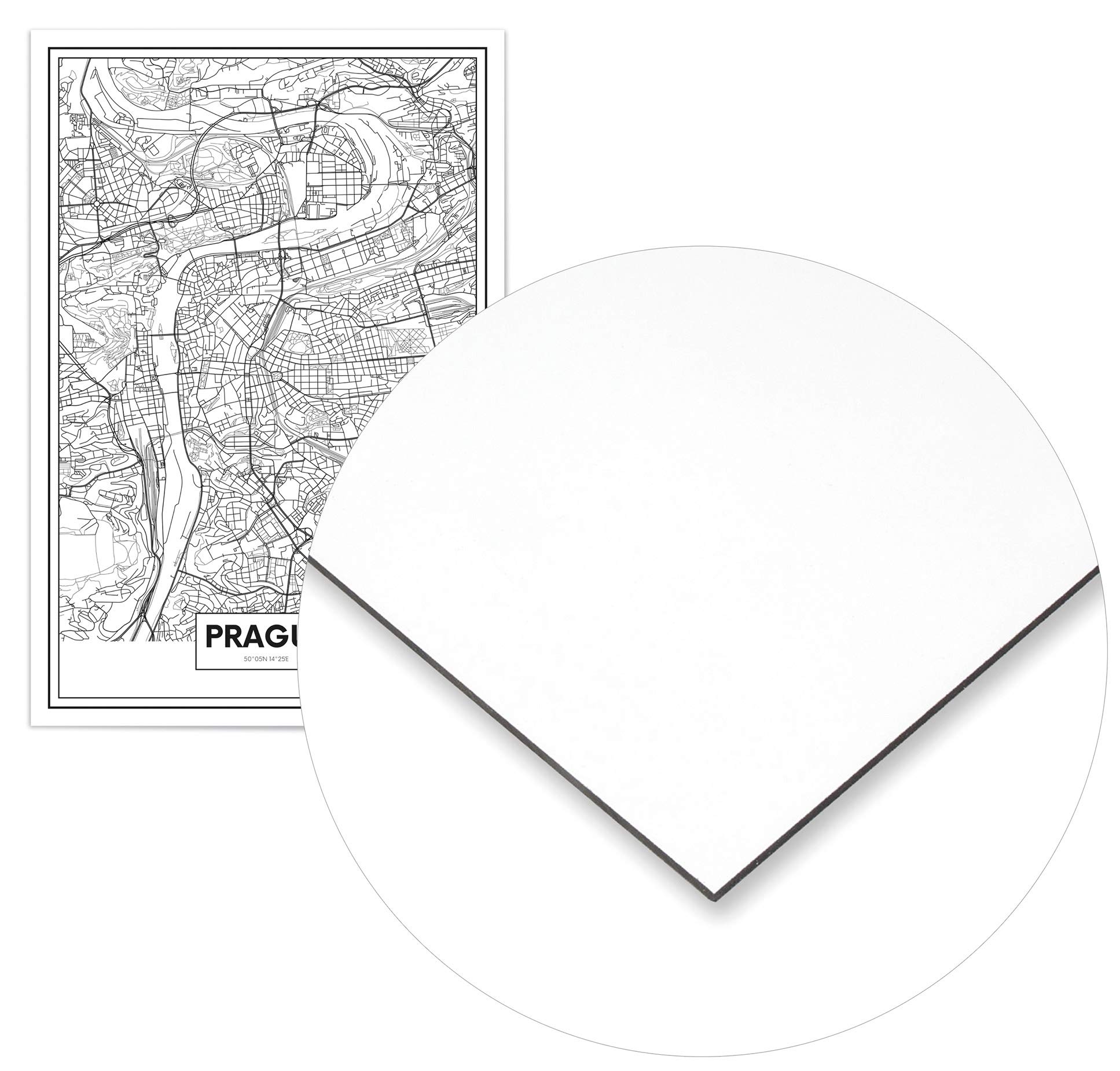 Panorama Dibond Aluminium Carte de Prague 70 x 100 cm - Tableau Villes du Monde Noir et Blanc - Tableau Moderne pour la Maison