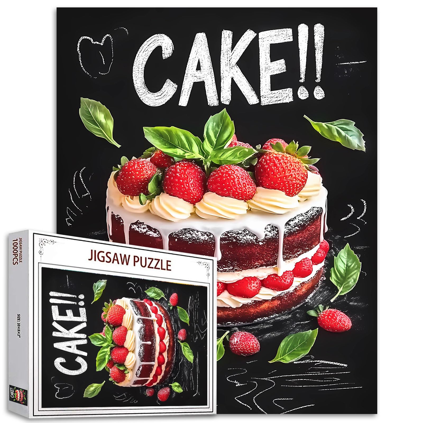 Blackboard Poster Cake Jigsaw Puzzle 1000 Pieces Puzzles for Adults,Strawberry Cake Jigsaw Puzzles for Challenging Family Activity Games Baking Lovers DIY Puzzle for Home Wall Decor