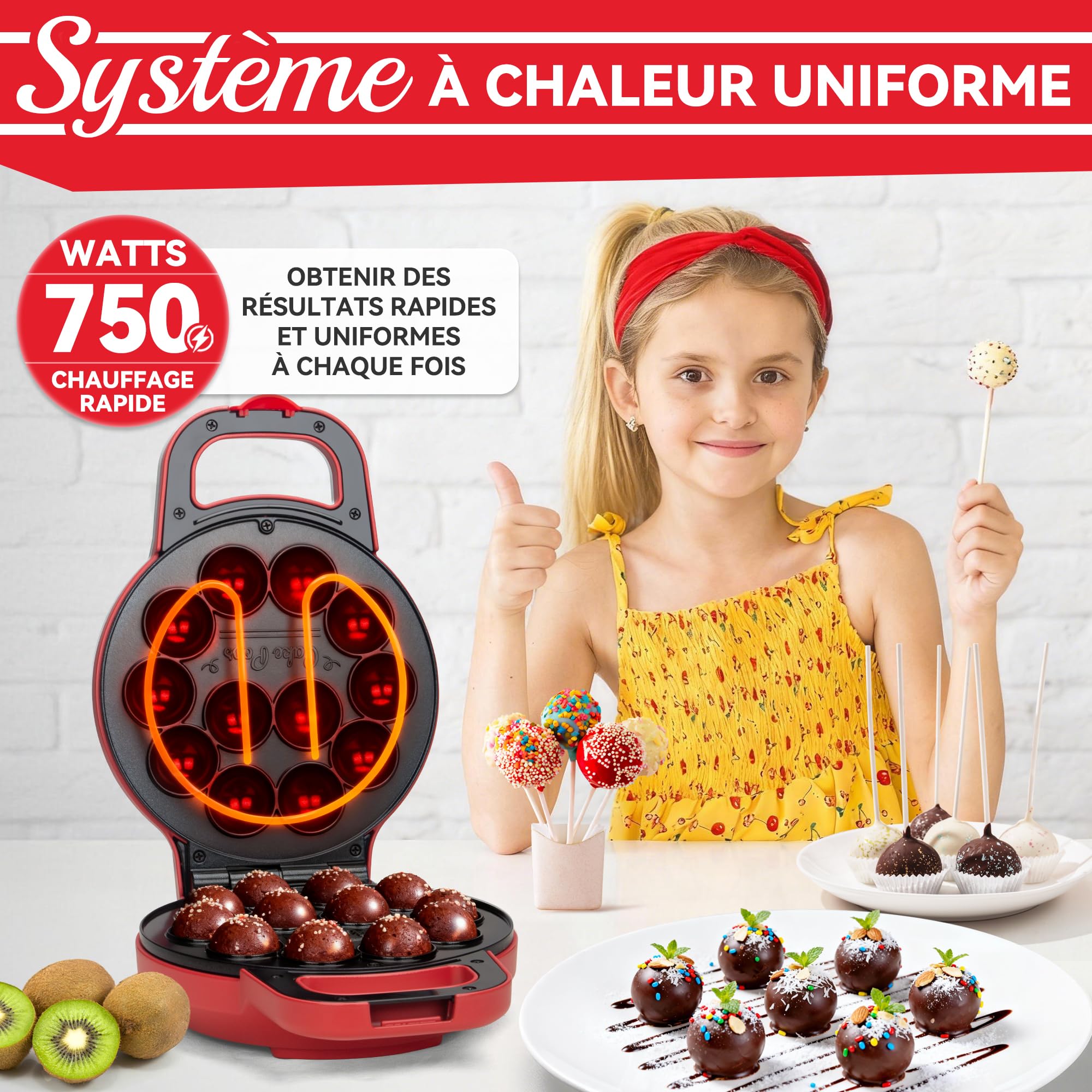 SugarWhisk Machine à Cake Pops Flip - Faites 12 cake pops d'un diamètre de 1,4 cm, avec revêtement en céramique, recette et pinceau compris dans la livraison, rouge