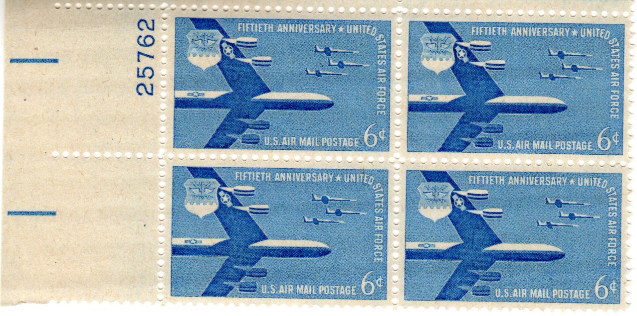 Plate Block #25762 of Four 6 Cent Blue B-52 Stratofortress and F-104 Starfighters Stamps dated 1957 Scott #C49