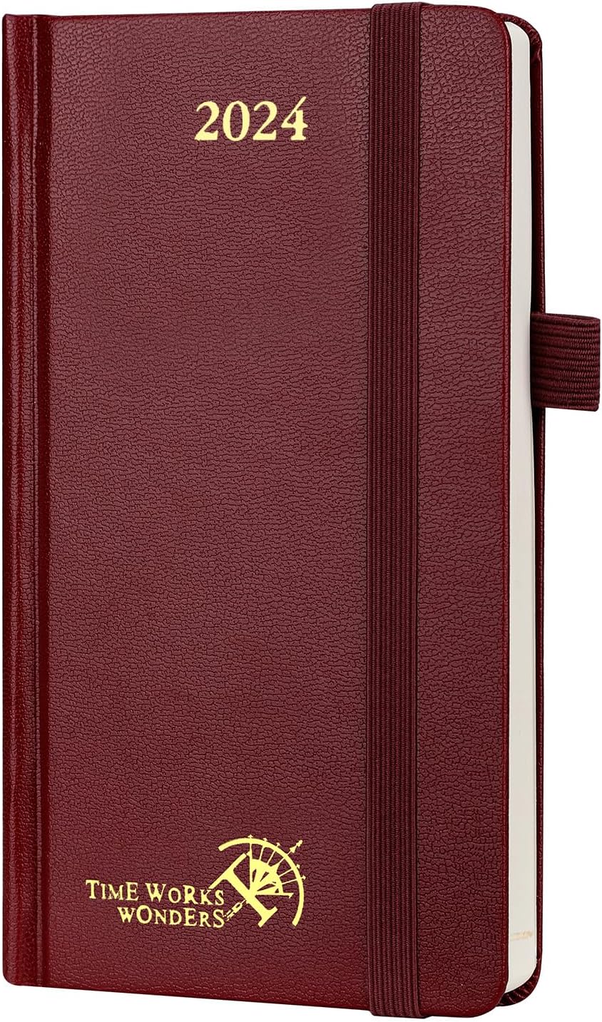 POPRUN Week to View Slim Diary 2024 Pocket Size 16.5 x 9 cm Hardback 24 Weekly Planner with Dotted Note Pages, Inner Pocket, FSC® Paper - Burgundy