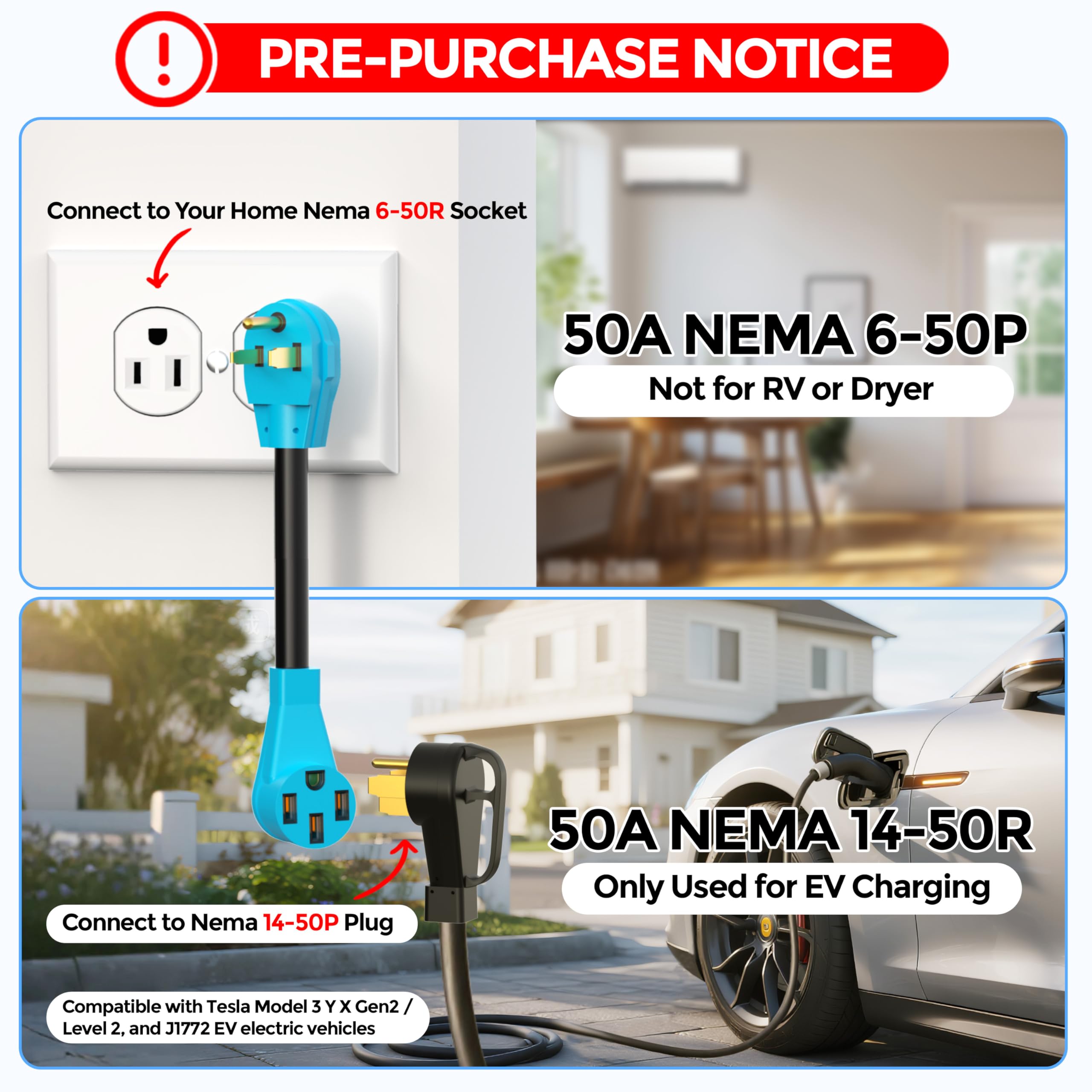 CircleCord NEMA 6-50P do 14-50R EV Kabel adaptera do ładowania EV poziom 2, 180 stopni wygięta konstrukcja z uchwytem do uchwytu, odporny kaliber 6