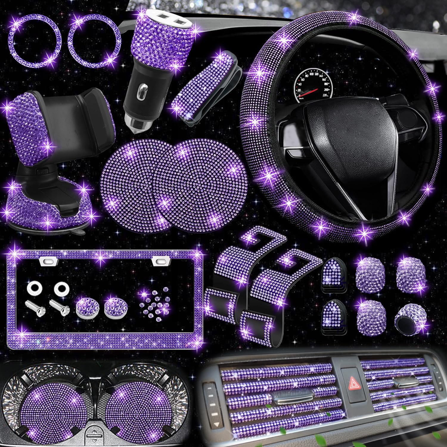 NBTEPEM 27 PCs Women's Car Accessories Set - Bling Steering Wheel Covers, License Plate Frame, Phone Holder, Coasters (Purple Violet Diamond)