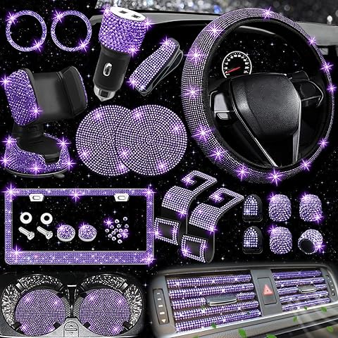 NBTEPEM 27 PCs Purple Violet Bling Car Accessories Set for Women, Steering Wheel Covers Universal Fit 15 Inch, Bling License Plate Frame, Bling Phone Holder, Bling Car Coasters