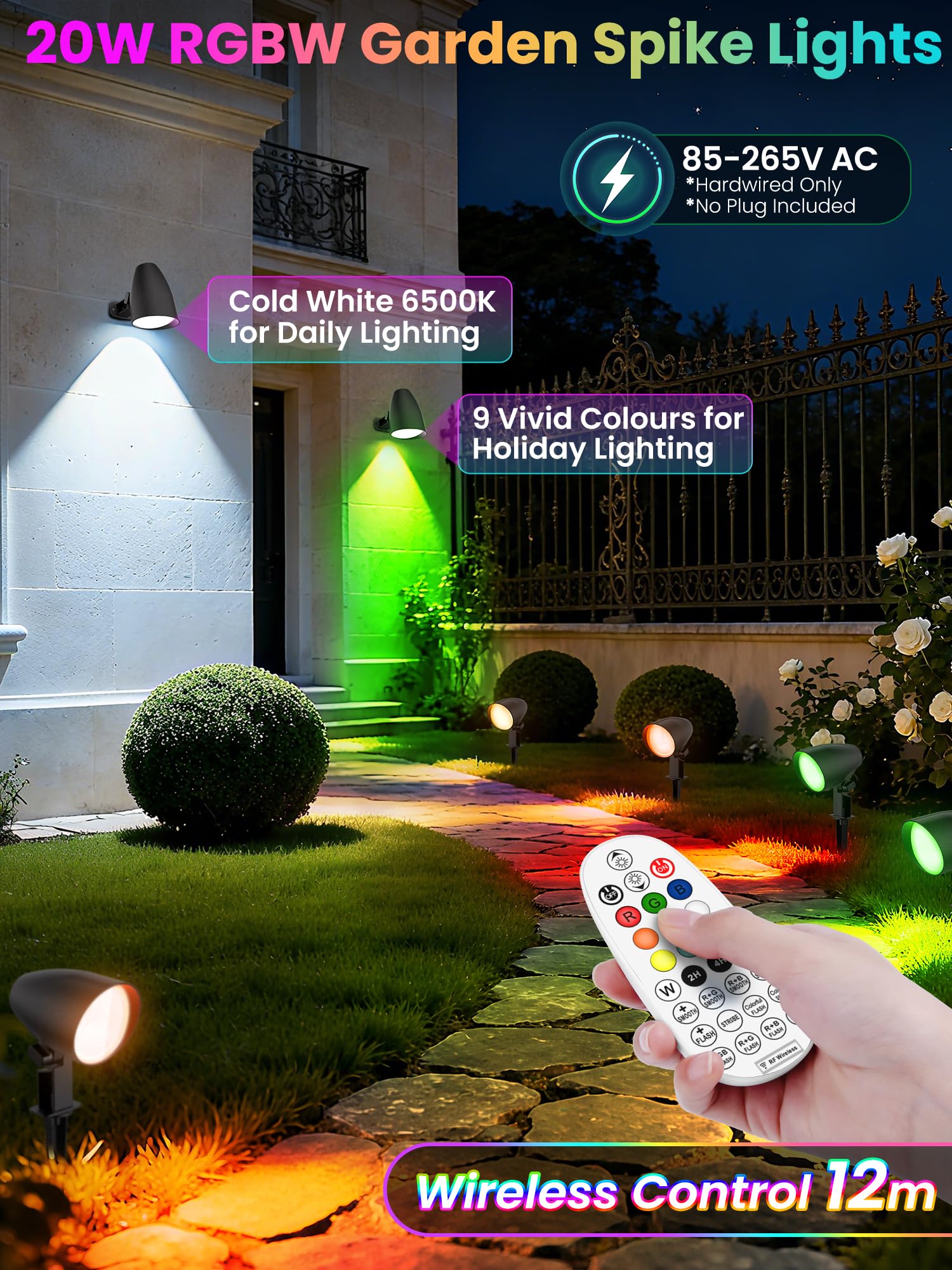 LINKE Foco de Jardín Exterior 20W 2 Piezas Focos LED RGB 1880LM Super Brillante, 10 Colores 30 Modos 6 Brillo, IP66 Impermeable Luz de Paisaje con Control Remoto para Camino Árboles Césped