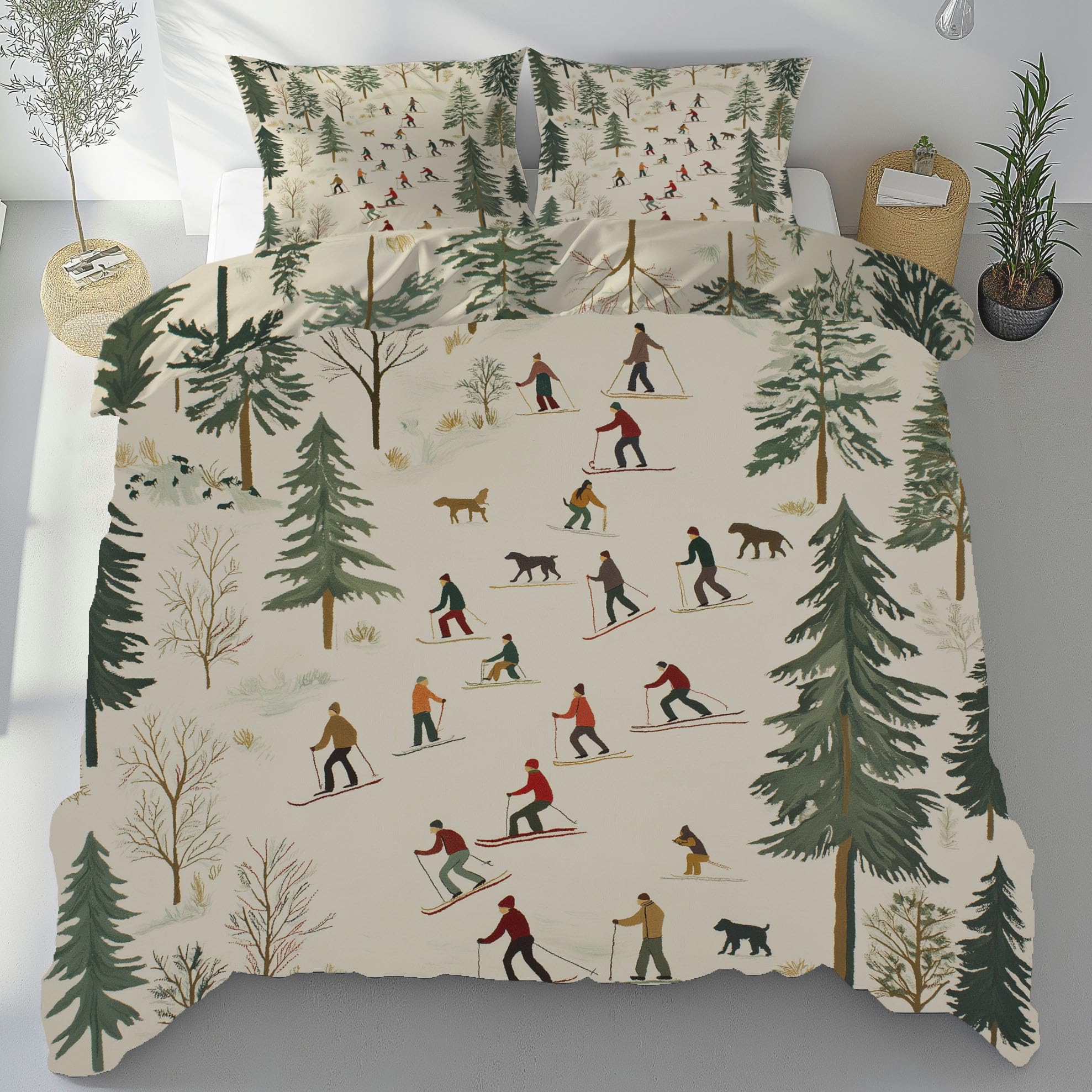 Skieurs Housse de Couette Microfibre 140x200 cm, Ski Haute Montagne Parure de Lit Réversible Forêt Naturel Housse Couette avec Fermeture Éclair et 2 Taie d'oreiller 65x65 cm