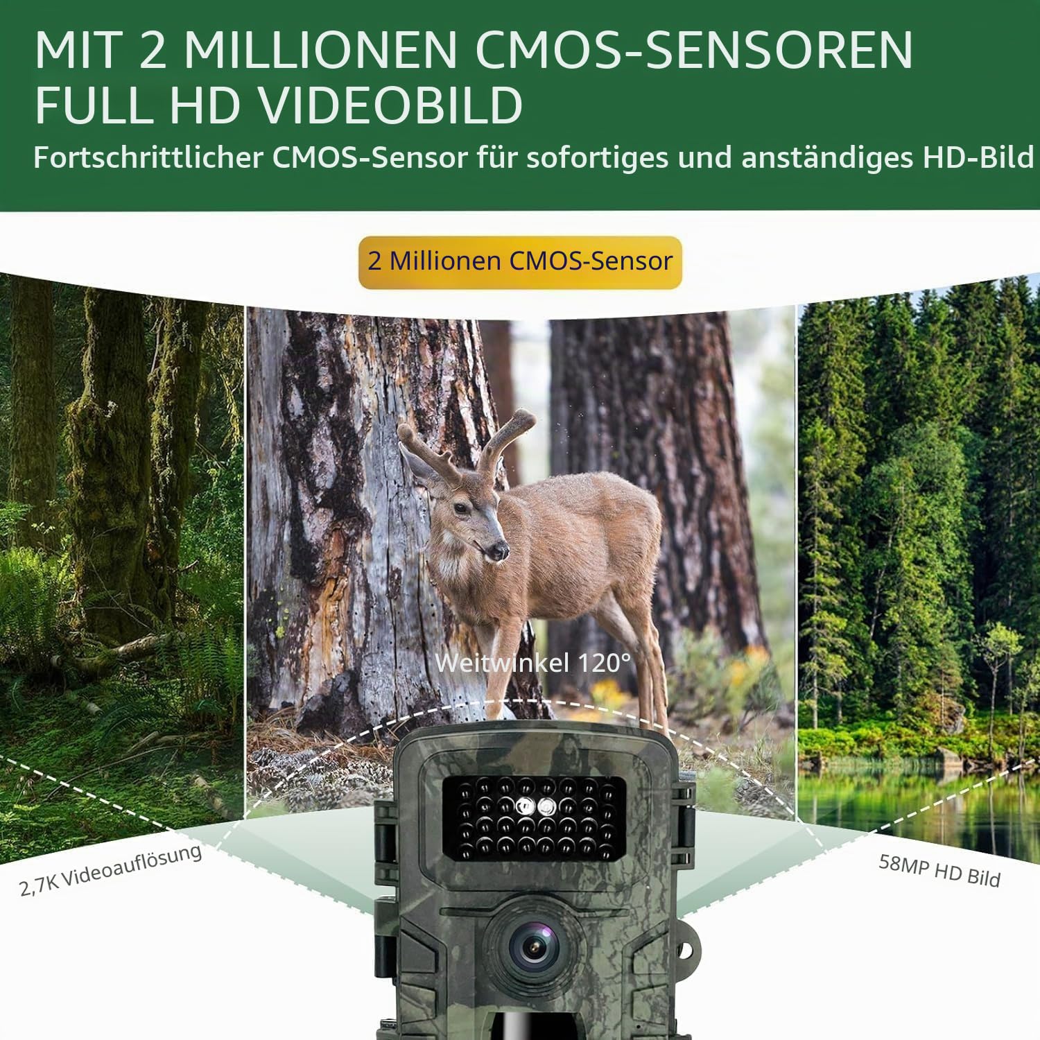 Wildkamera 2,7 K/1580P 58 MP – Nachtsicht Infrarot HD – Kamera Fotofalle, wasserdicht – Tierverfolgung – SD-Karte 32 GB – IR-Tracker – Außen