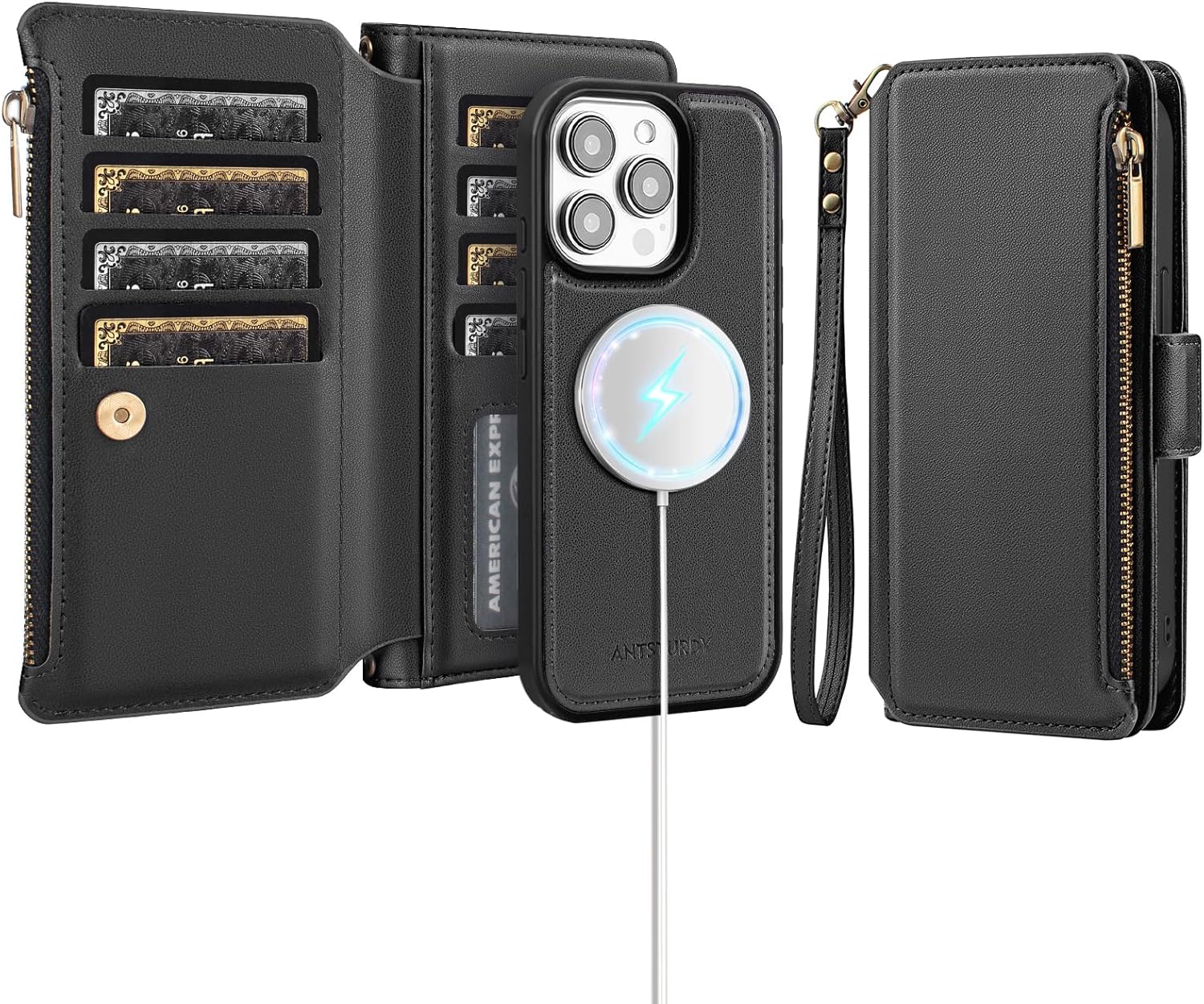 Antsturdy Compatible with Magsafe Magnetic 2 in 1 Detachable iPhone 15 Pro Max Wallet Case with Credit Card Holder Slots,PU Leather RFID Blocking Phone Cover Wrist Strap Zipper Women Men,Black