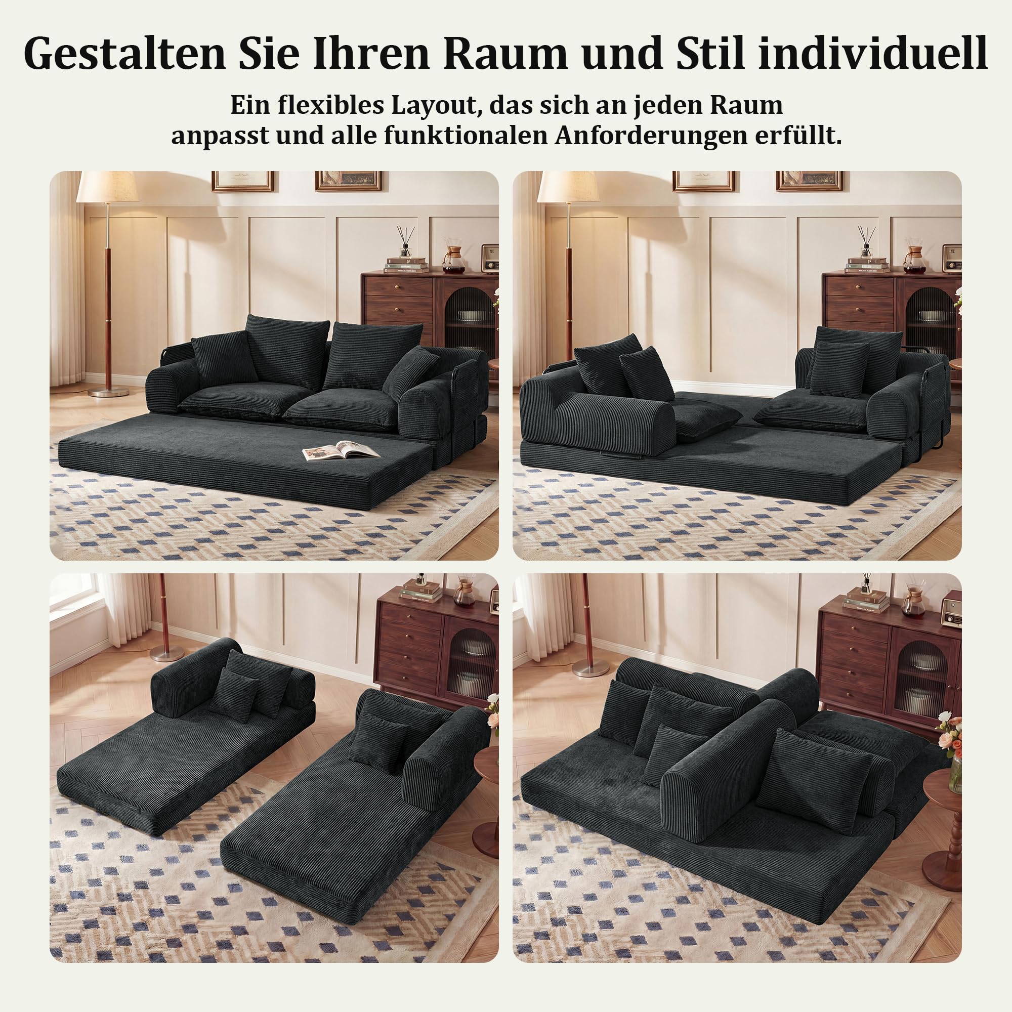 Vipbear Schlafsofa 201cm Breit, Boneless Couch mit Schlaffunktion Cord Sofa | 5-in-1 Bodensofa, 3 Sitzer Boneless Schlafcouch, Cloud Modulares Sofa Bed für Wohnzimmer Schlafzimmer Lounge Schwarz