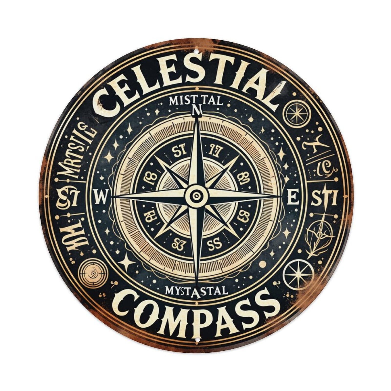Celestial Compass Design Pattern Print Round Tin Sign Vintage Metal Poster, Home Bar Garage Man Cave Cafe Indoor & Outdoor Wall Decoration 8x8Inches