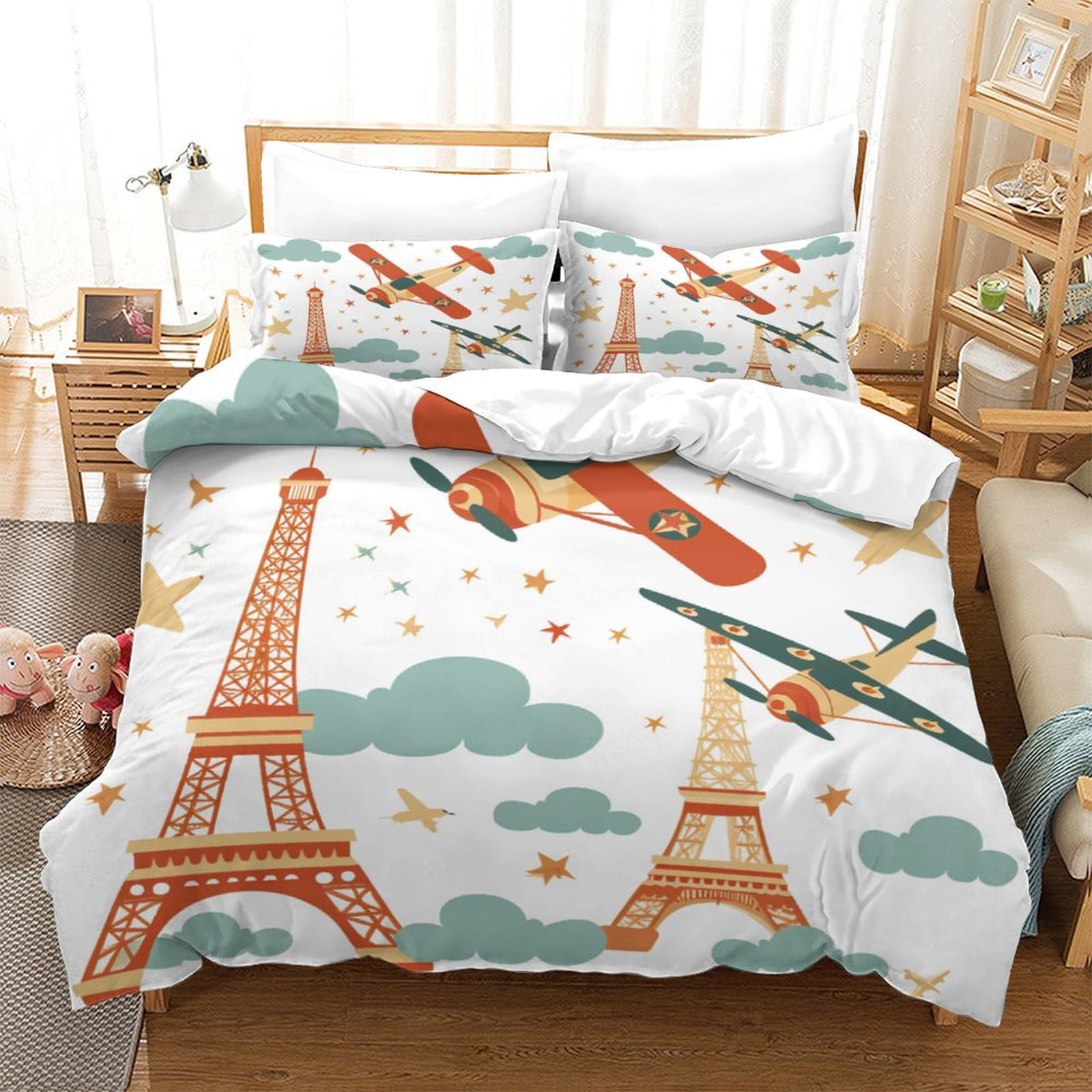 P1s9u7w5y Aircraft-4 Vintage Airplane 3D Printed Eiffel Tower Duvet Cover Set 3Pcs Microfiber Cloud Bedding Set Double（200X200cm）