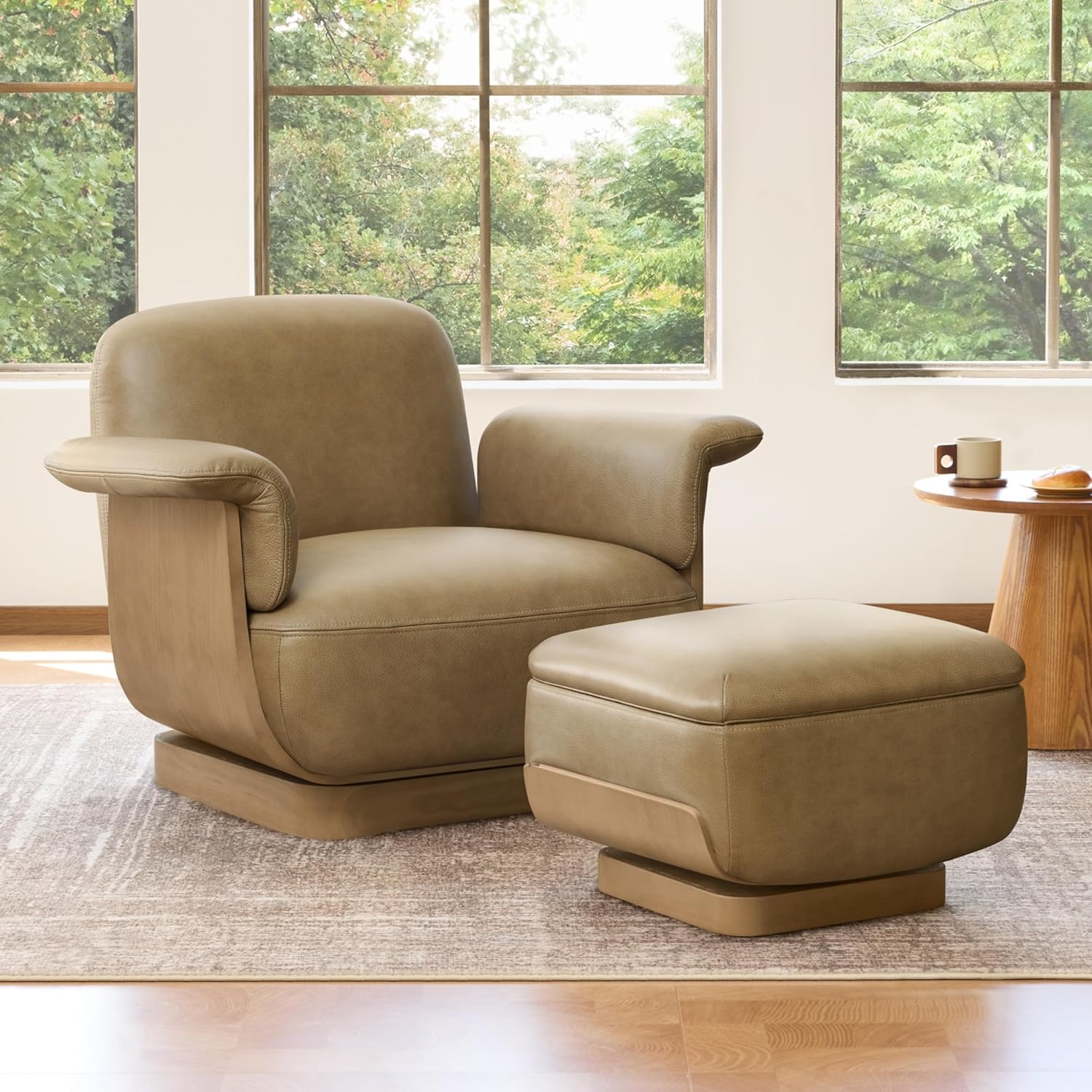 CHITA Genuine Leather Swivel Chair with Storage Ottoman, Modern Living Room Accent Chair with Lounge Seat for Bedroom, Office, Mocha