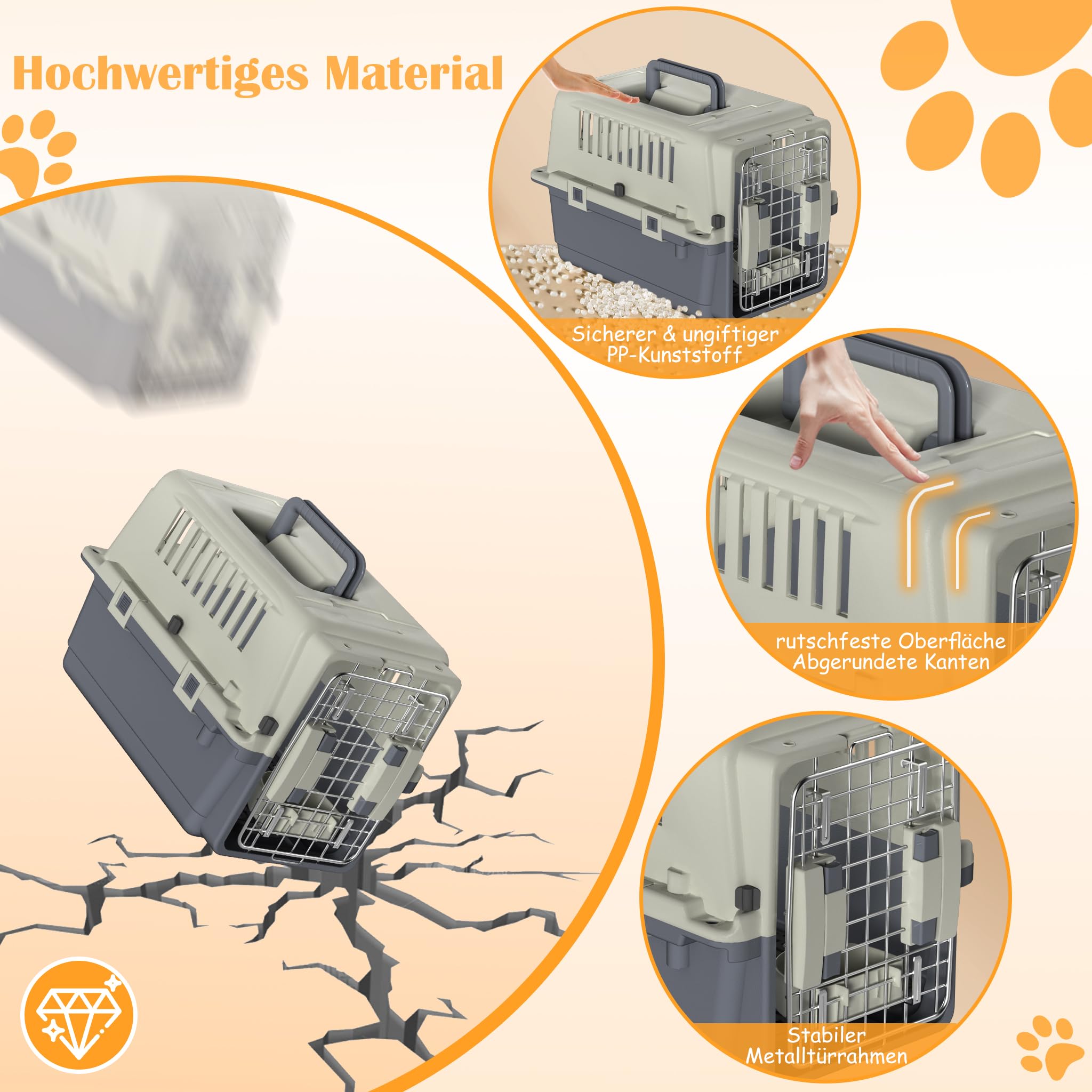 NAIZY Transportbox Hund, 60x39.5x44cm Hundtransportbox Reise & Transport Flugzeugbox mit Metall Tür und Lüftungsschlitze Fenster Hundbox Belastbar bis 9KG inkl. Pinkelpads Fressnäpfe Griff