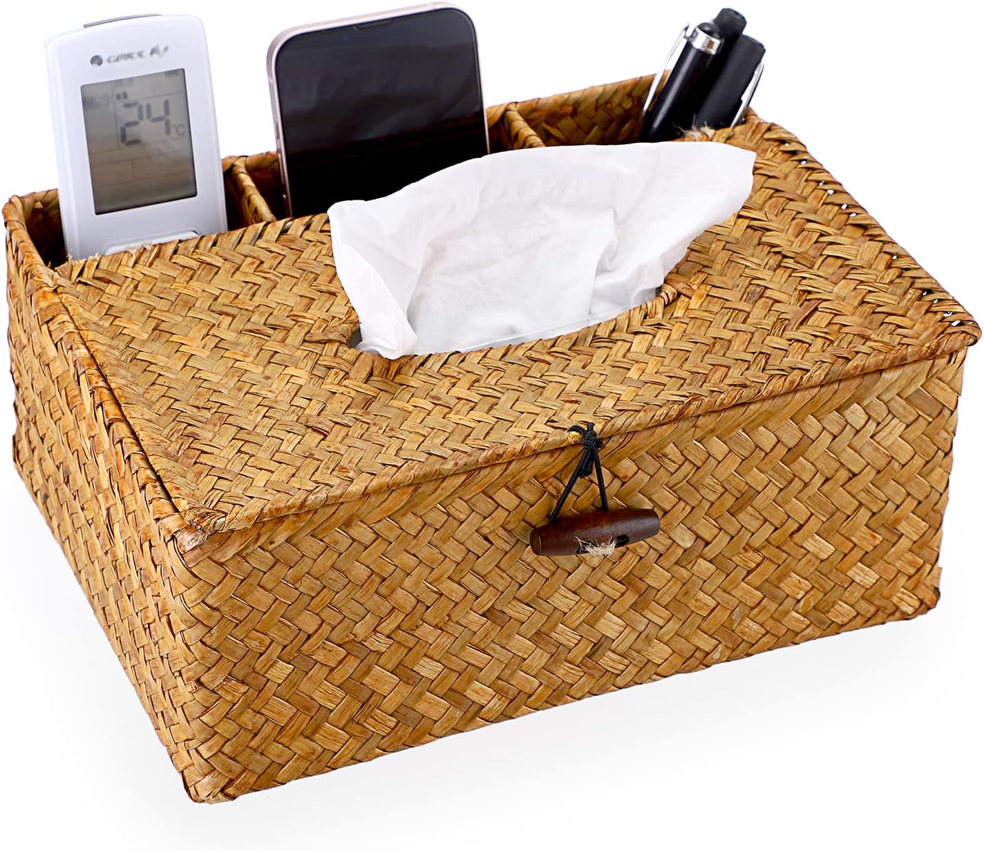 Sumnacon Seagrass Rectangular Tissue Box Cover - Multifunctional Tissue Holder with Stationery Remote Control Box, Decorative Tissue Pen Remote Organizer for Desktop Livingroom Home Office, Caramel