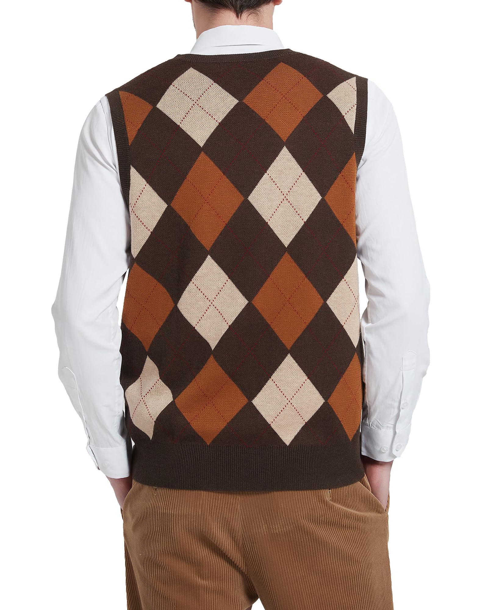 Kallspin Hommes Pull sans Manches Argyle Laine mélangée Gilets tricotés Pull à col en V Gilet Pullover