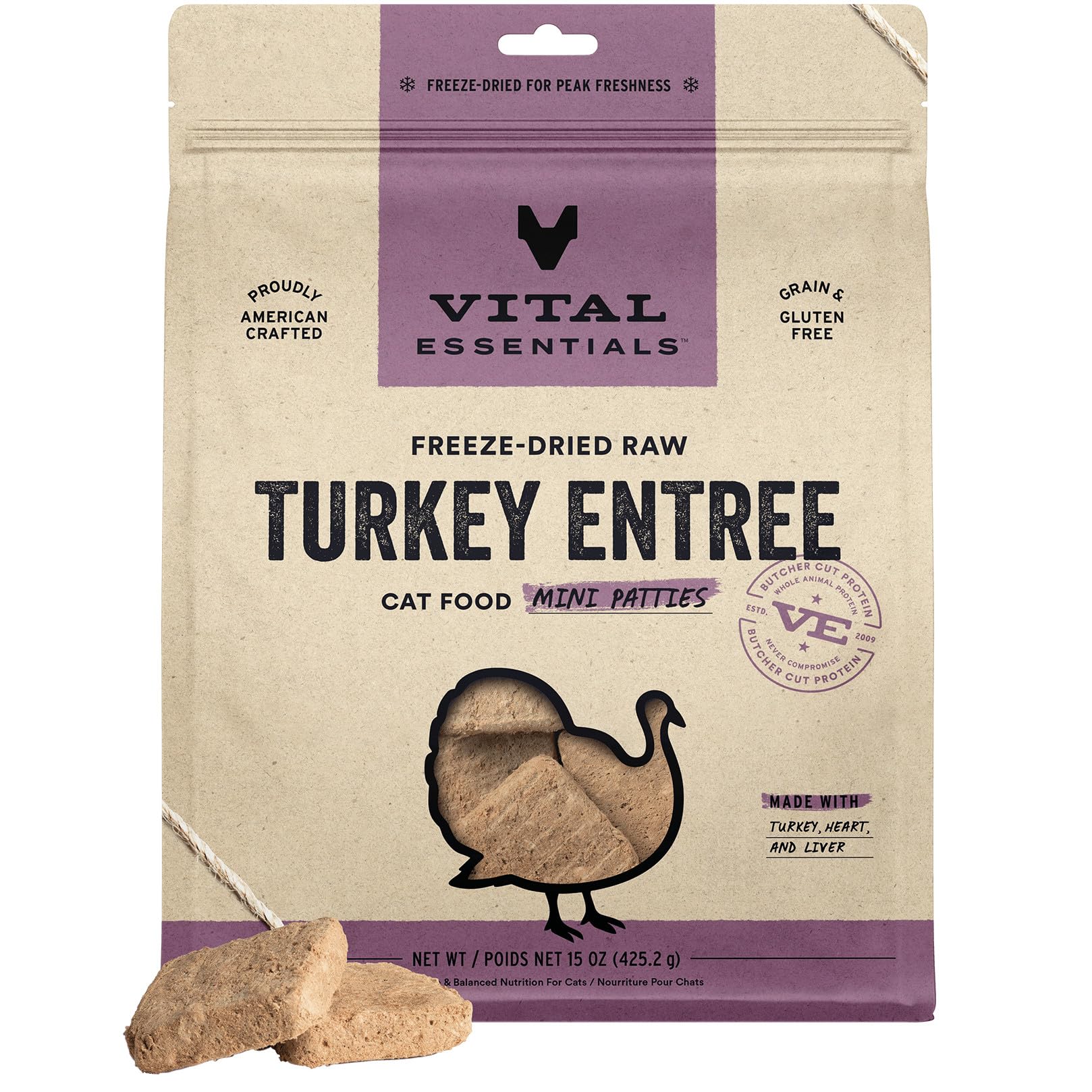 Freeze Dried Raw Cat Food, Turkey Mini Patties Entree, 15 oz