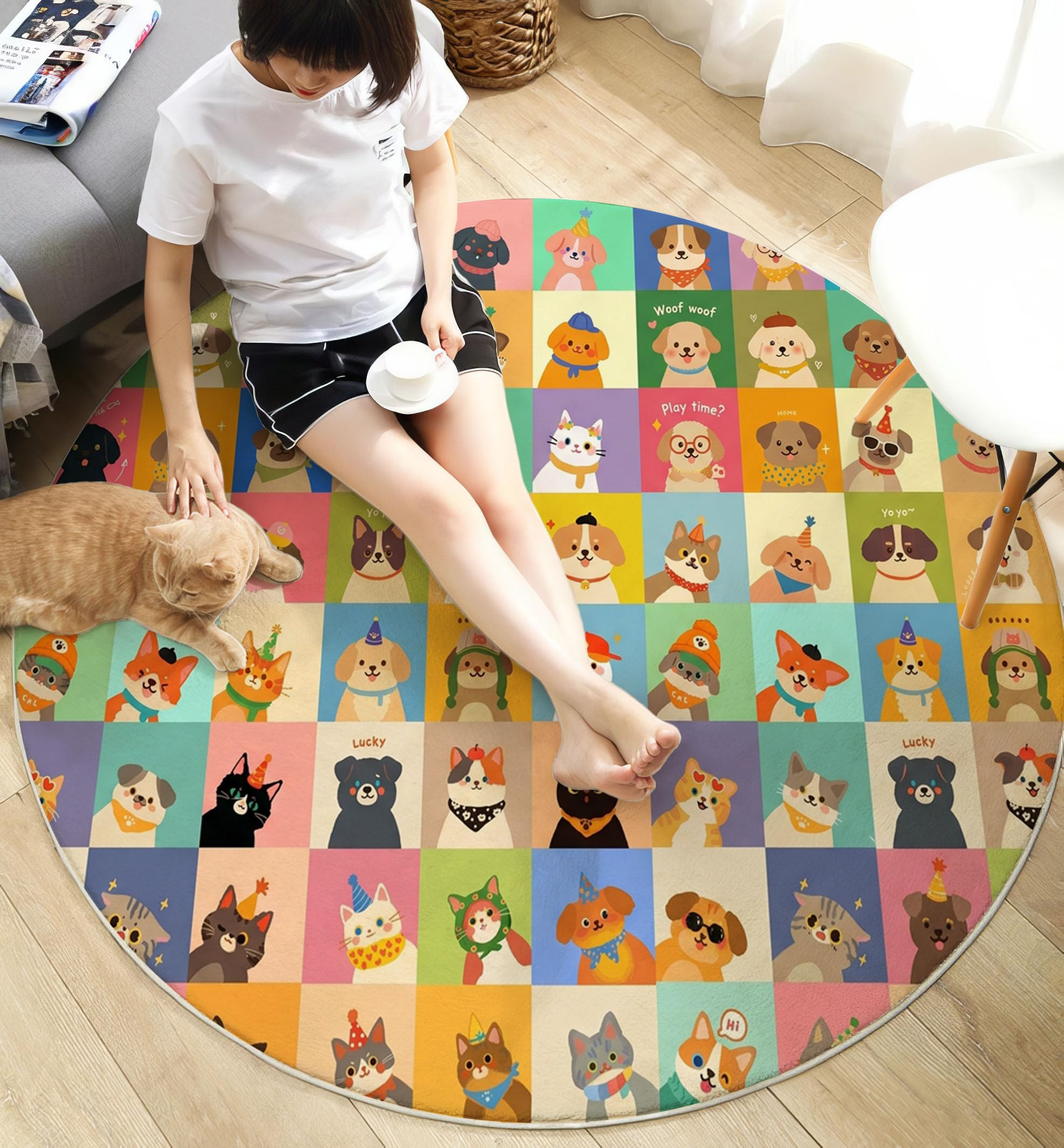Tapis Rond Patchwork Animalier Amusant Jaune Salon 100 Cm | Tapis Antidérapant Chats Et Chiens Mignons Pour Chambre Enfant Salle Jeux Décoration, Moquette De Sol Poil Bas Lavable
