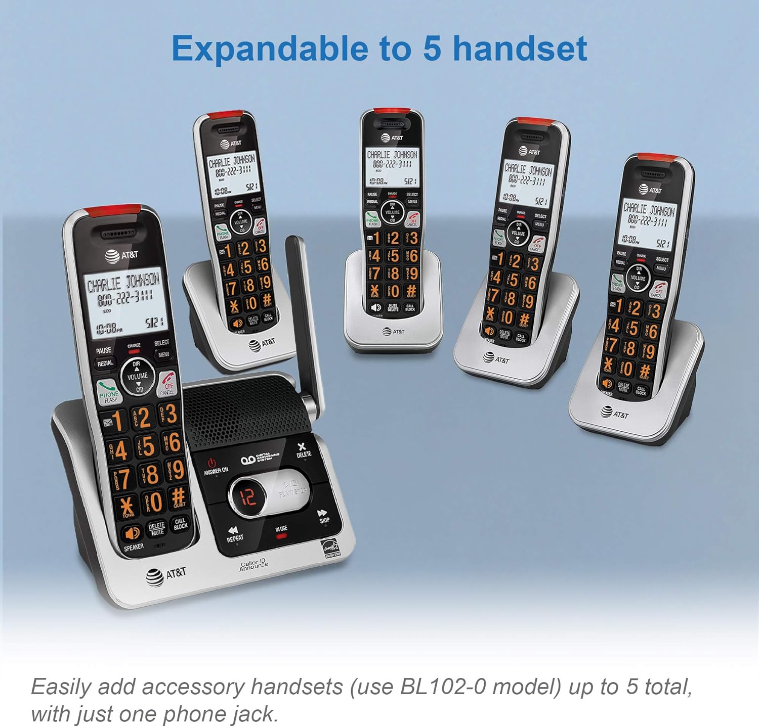 Close-up of the AT&T BL102-2S handset's top, showing the illuminated red visual ringer.