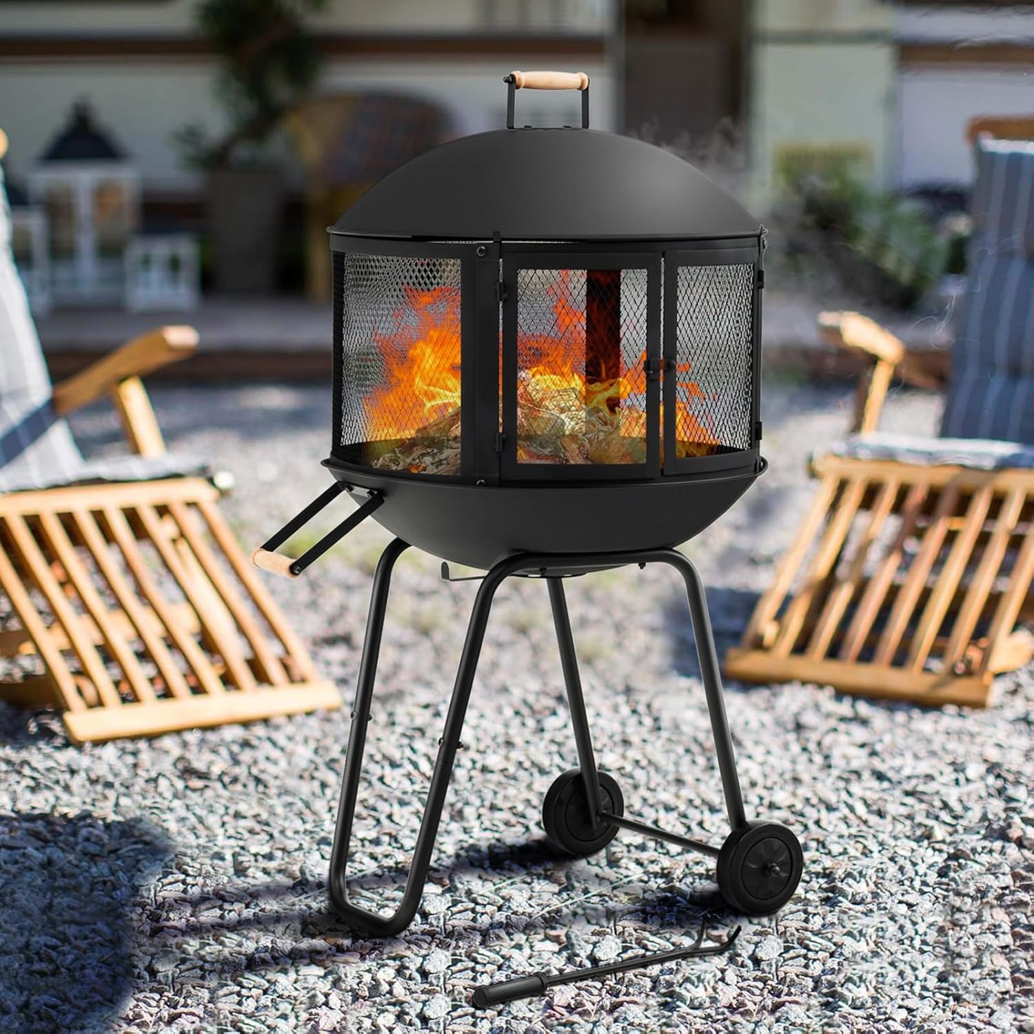Giantex 28" Portable Fire Pit on Wheels, Outdoor Mobile Wood Burning Firepit w/Log Grate, Fire Poker, Heavy-Duty Steel Frame & Solid Metal Top, 2-Door Gate, Rolling Fire Pits for Entertaining Camping