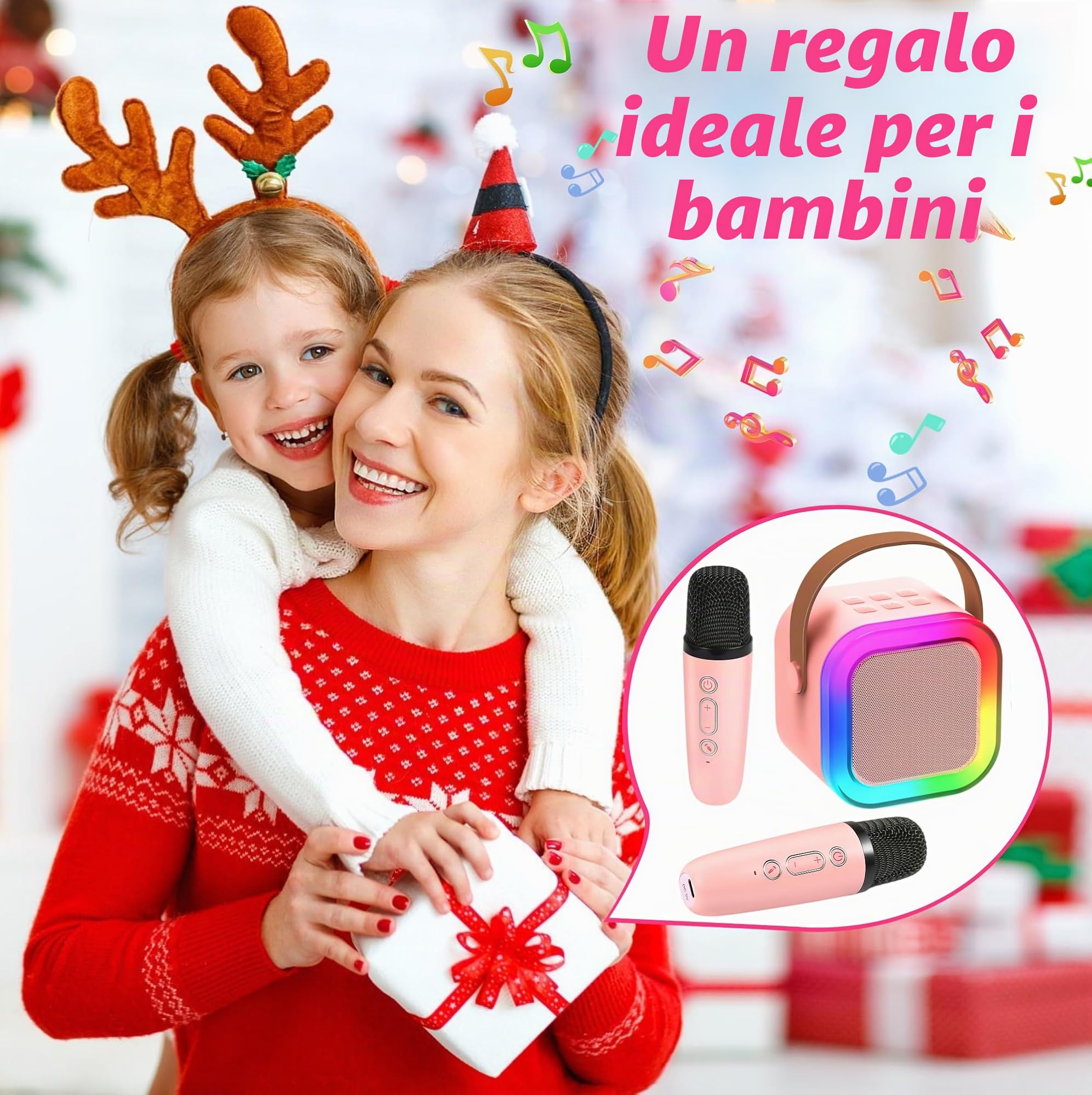 Chennyfun Macchina Karaoke con 2 Microfono, Karaoke Portatile Bambini con Altoparlante Bluetooth, Luce LED ed Effetti di Cambio Voce, Giocattoli per Karaoke Ricaricare per Ragazzi e Ragazze