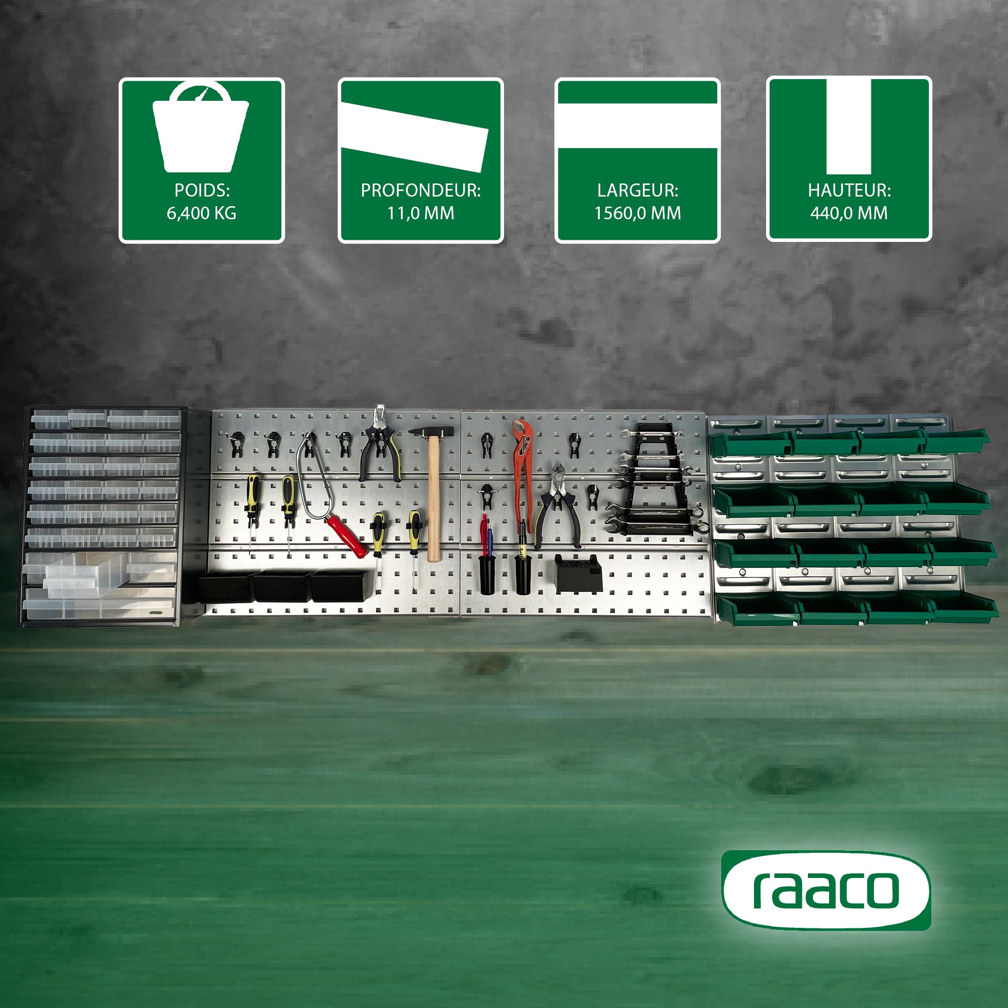 Raaco Start Set 1 kit Mural Atelier, Mur d'Outils avec Panneau Perforé | Mur d'Outils avec Panneau Perforé + Porte-Outils + Boîtes de Rangement Visserie + Casiers à Tiroirs pour Système - accessoire