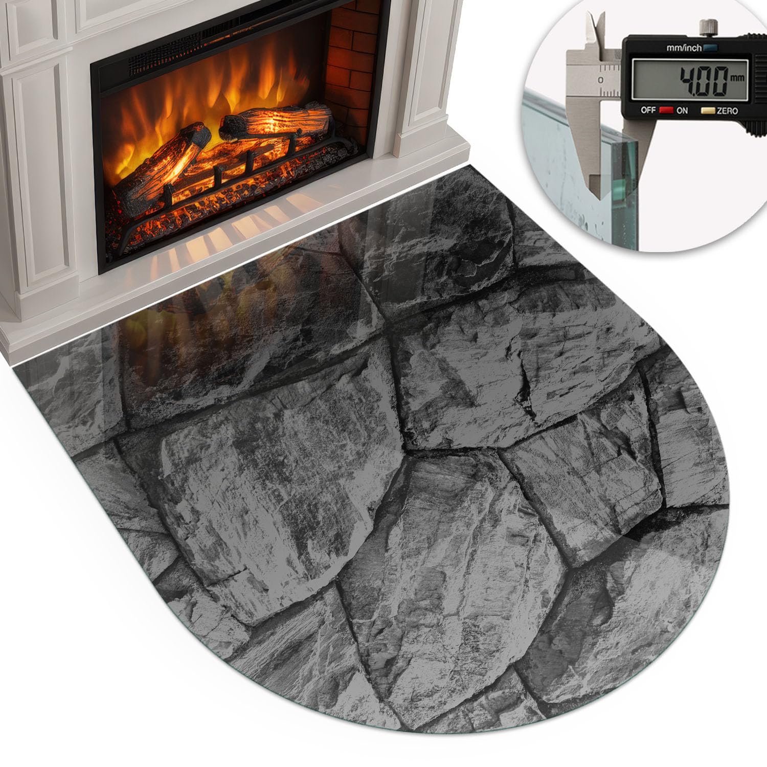 Funkenschutzplatte für Kamin 100x100 cm Halbrund Schutzplatte Elegantes Design Stilvollem Motiv Hitzeschutz Dekorative Glasbodenplatte Glasboden Hartglas - Natursteinmuster