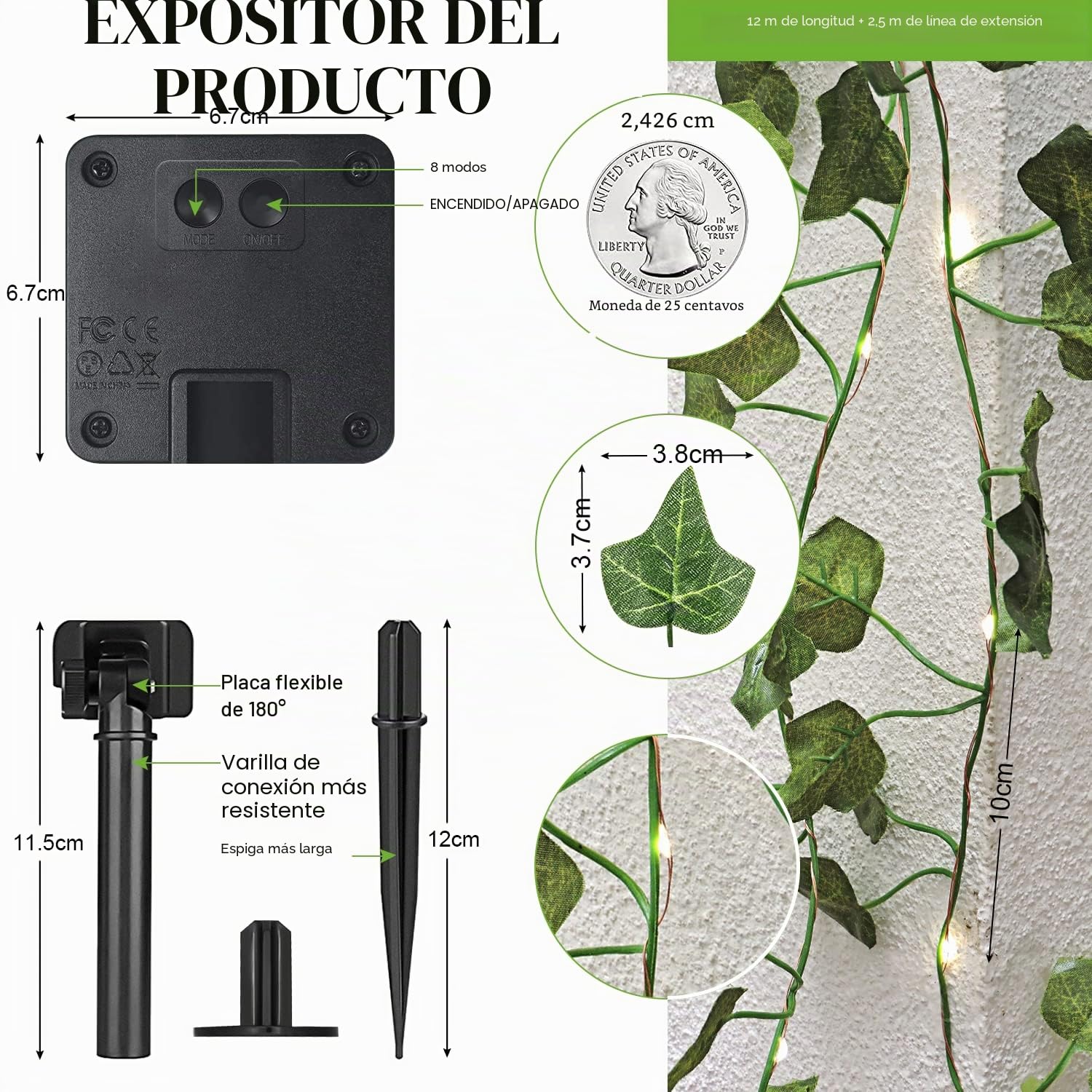 A.bigwhale 12M 120 LED Guirnalda Luces Exterior Solar, Hiedra Artificial con Luces Solares, 8 Modos Impermeable LED Solar Luz Alambre Cadena de Luce Solares Decoración