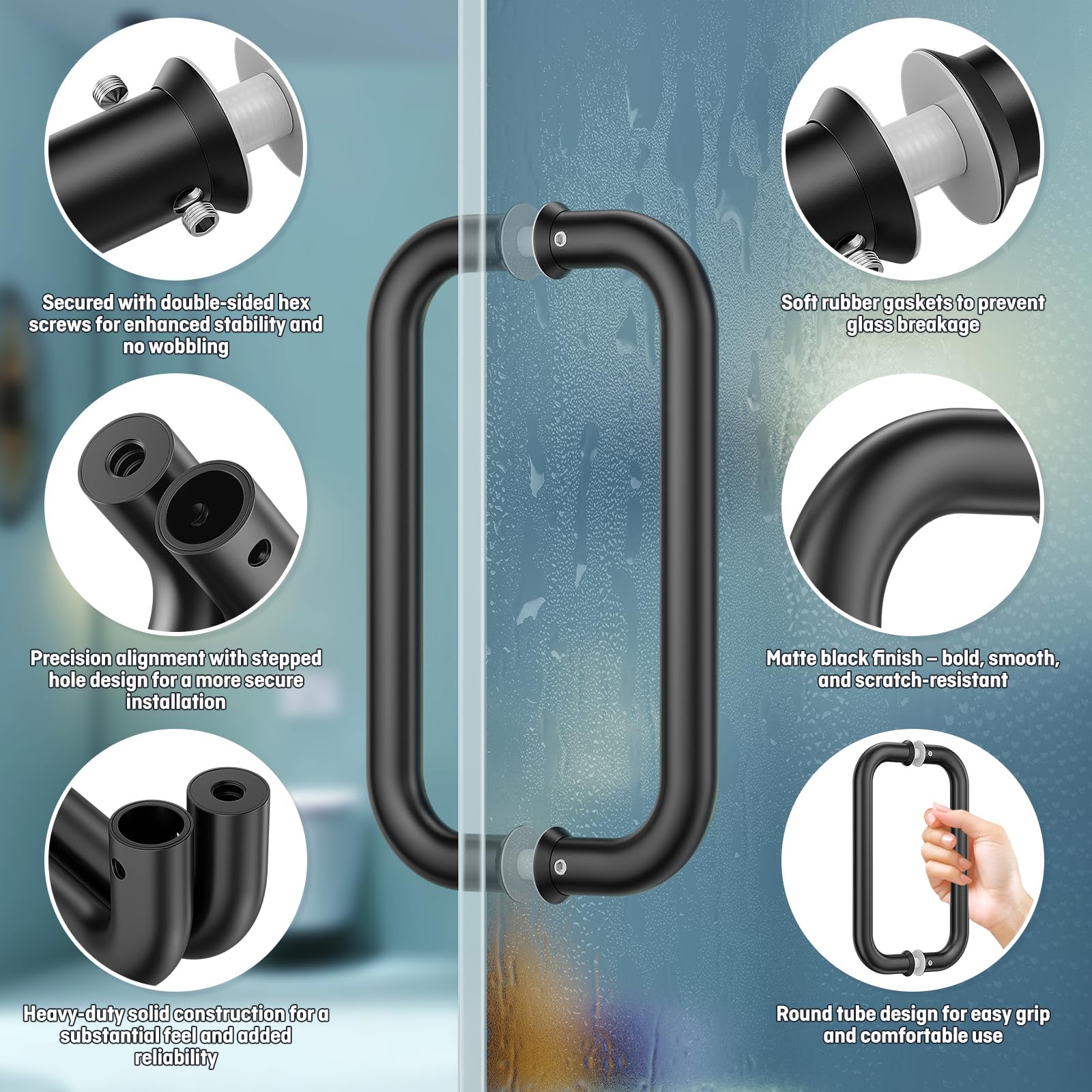 Ranbo C-Shaped Frameless Glass Shower Door Handle - 8" Hole Spacing, Polished Chrome, Fits 1/4" To 1/2" Thick Glass