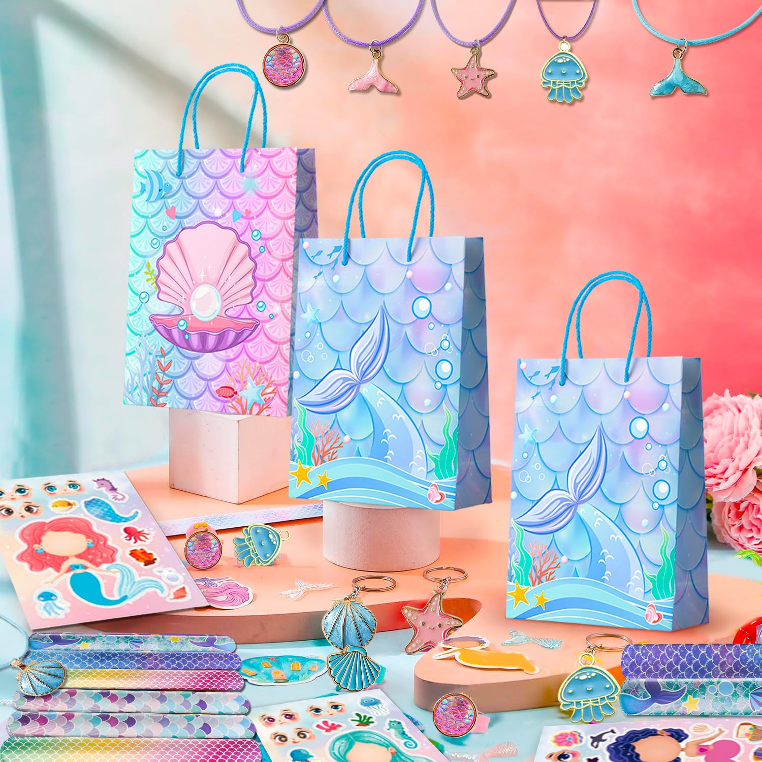 84pcs Mermaid Birthday Party Favor Bag Fillers with Fish Birthday Rings Keychain Bracelets Bags Hair Clips Necklace etc for Mermaid Birthday Decorations Supplies