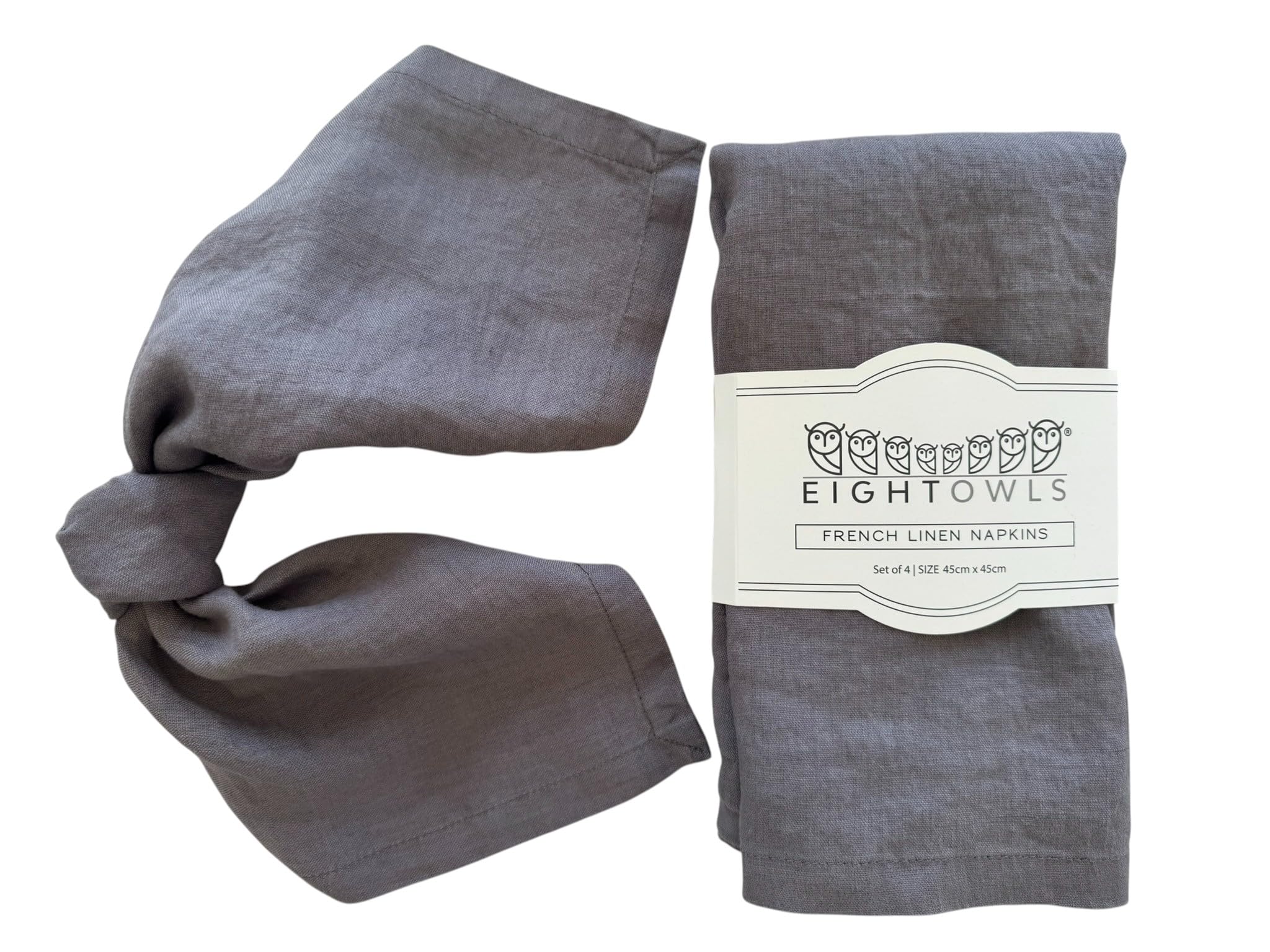 Eight Owls Medium Grey Linen Napkins – 100% Pure Stonewashed Linen Cloth Napkins – Mitered Corners - Size 45 Cm X 45 Cm – Set Of 4 (Medium Grey)