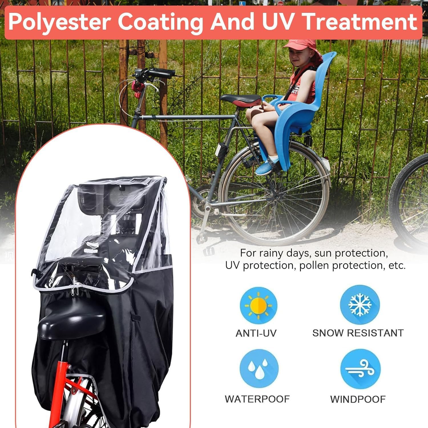 Housse De Pluie Siège Enfant Vélo - Protection Imperméable Noire Pour Siège Arrière Enfants