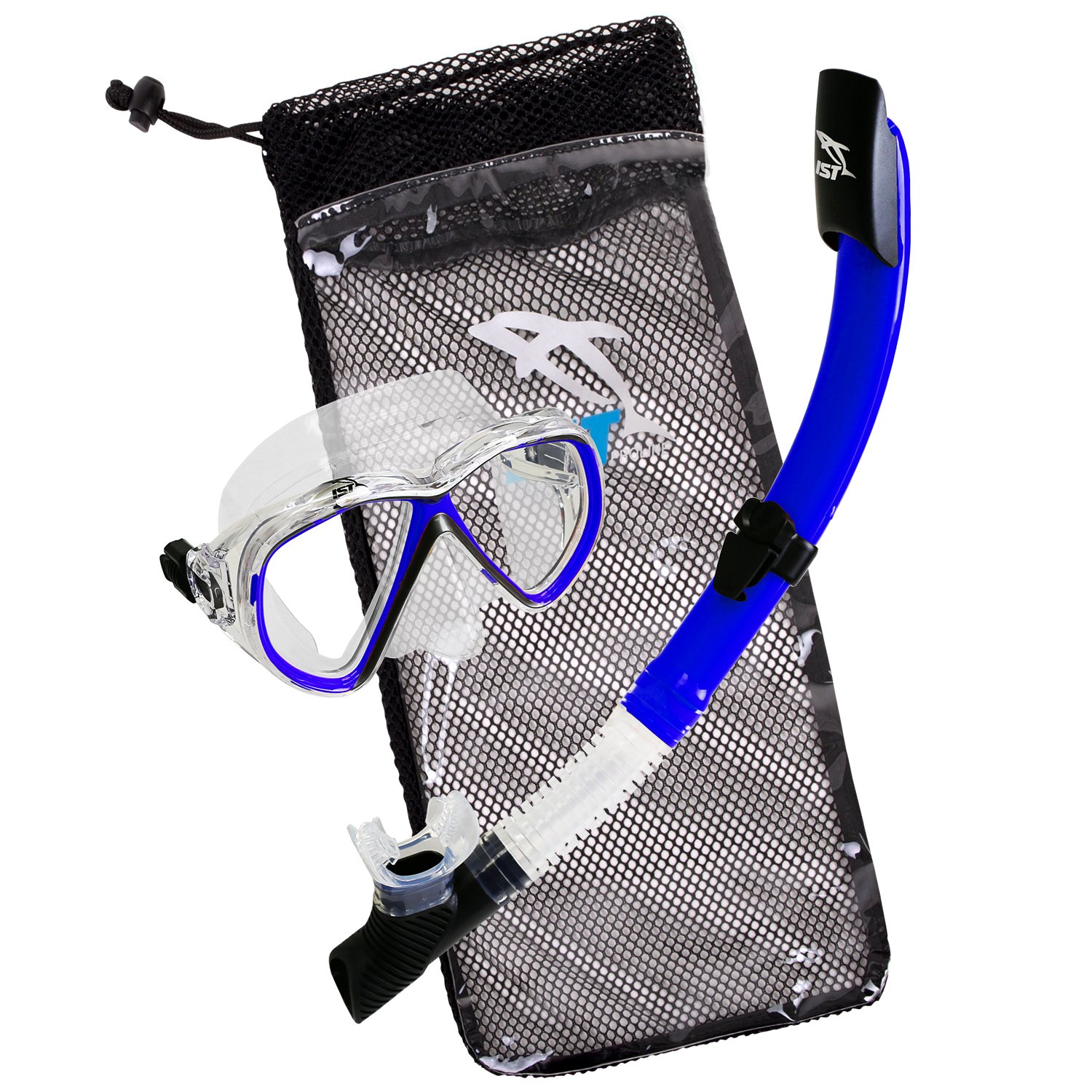 IST Snorkeling Combo Set: Máscara, Snorkel Semi-Seco, Bolsa de viaje de malla (azul claro, estrecho (femenino o junior))
