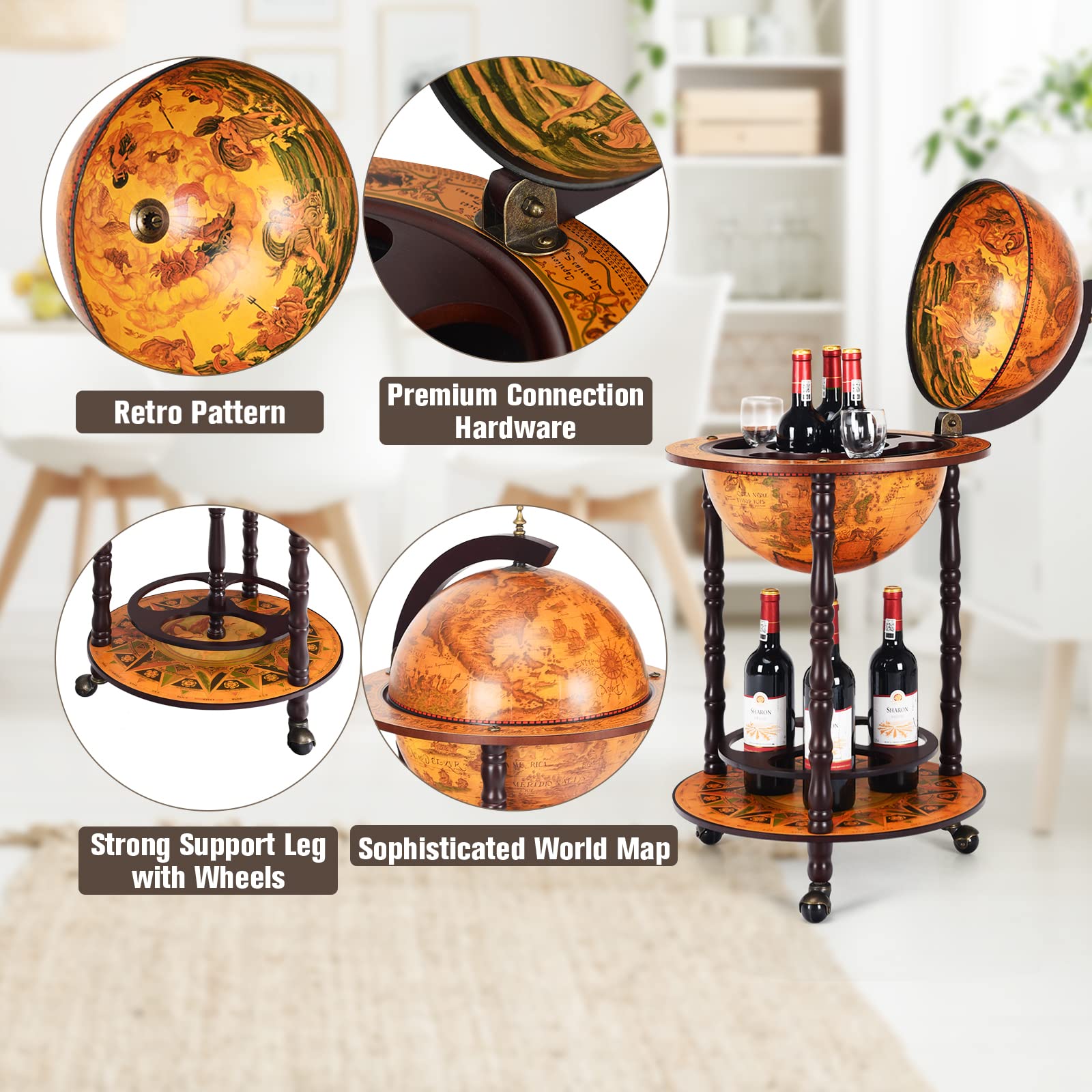 KOMFOTTEU Botellero Bar Globo Terráqueo con Ruedas, Soporte para Botellas de 2 Niveles, Carrito de Bar de Madera, Mueble Minibar para Bebidas, para Restaurante, Fiesta (Marrón, 47 x 47 x 90 cm)
