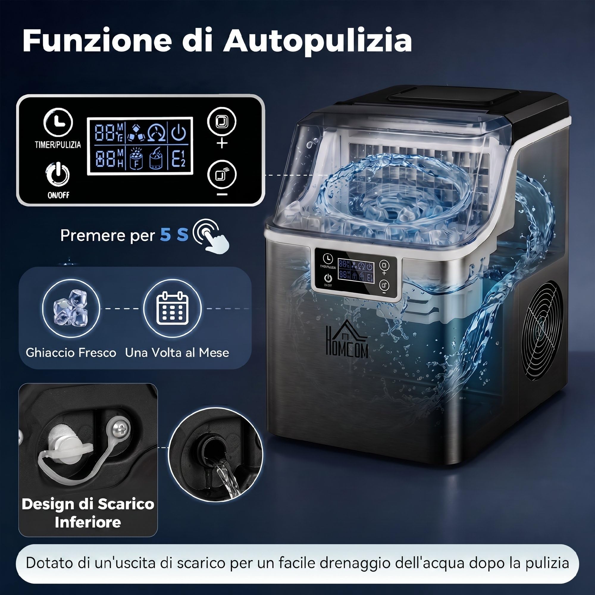 HOMCOM Macchina Ghiaccio 20kg in 24 Ore, Riempimento Manuale o con Bottiglia, 24 Cubetti in 14-18 Minuti con Paletta, Dimensione Regolabile, Serbatoio 3.2L e Sistema Autopulente, Nero