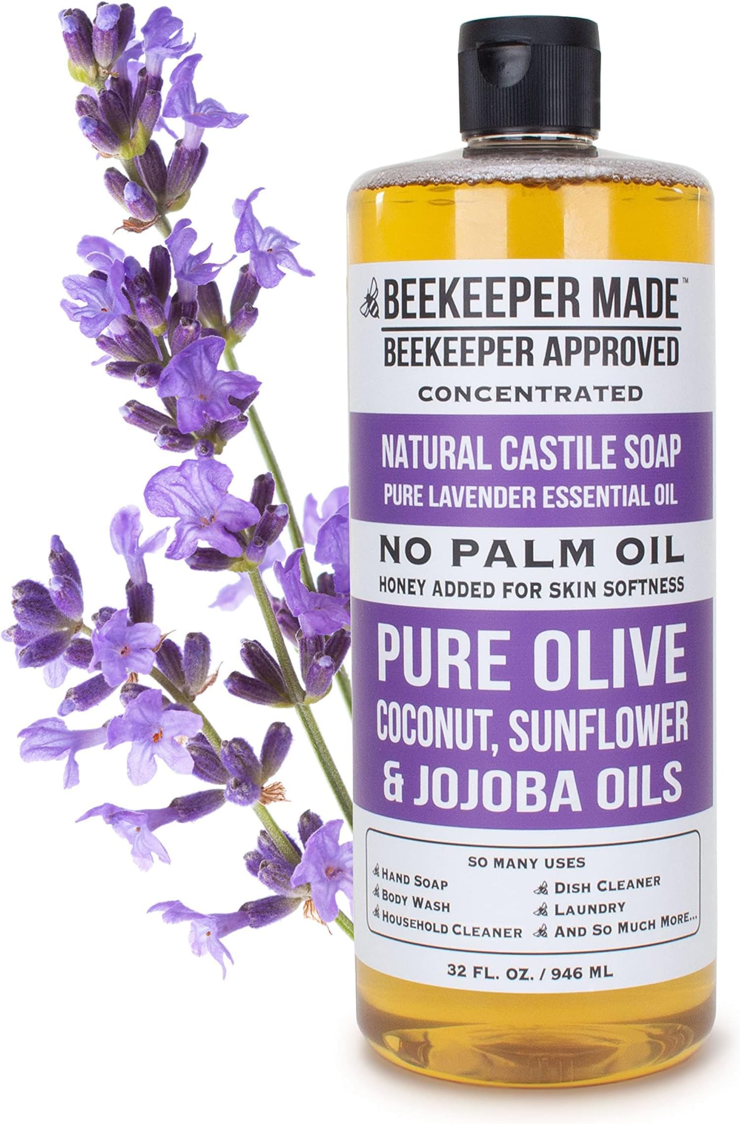 Beessential Beekeeper Made Natural Castile Soap, 32 fl oz | No Palm Oil, 8 Ingredients, Pure Olive, Coconut, & Sunflower Oils, GMO Free, For Sensitive Skin, Made in the USA (Lavender)