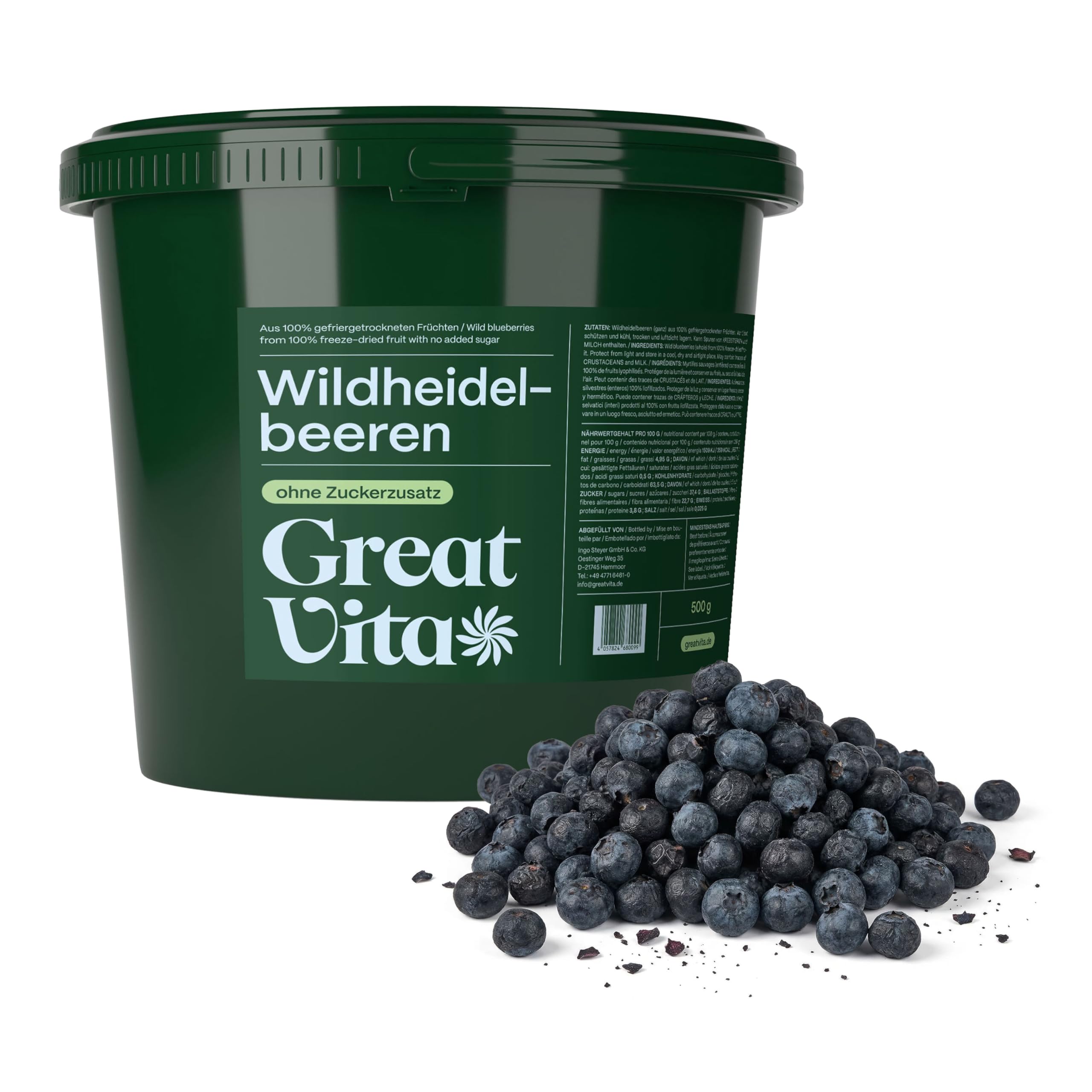 GreatVita Wildheidelbeeren gefriergetrocknet 500g - ganze knusprige Waldheidelbeeren ohne Zuckerzusatz - gefriergetrocknete Früchte - Freeze-Dried Wild Blueberries - Snack & Topping