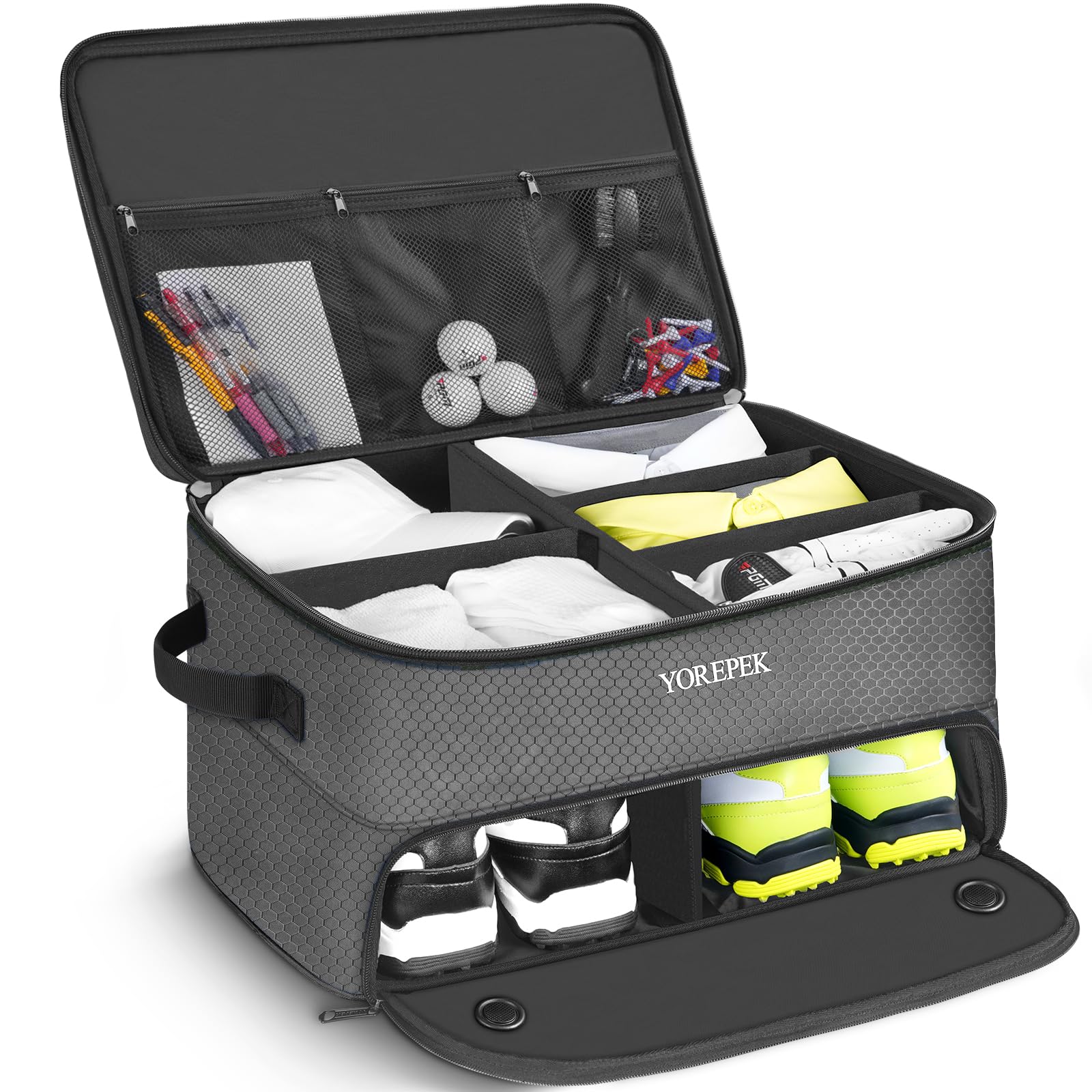 2 Layer Golf Trunk Organizer, Waterproof Car Golf Locker with Separate Ventilated Compartment for 2 Pair Shoes, Durable Golf Trunk Storage for Balls, Tees, Clothes, Gloves, Accessories, Golf Gifts