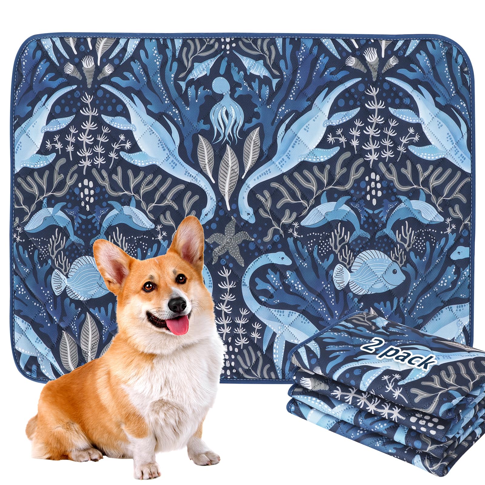 BVAGSS 2 Pezzi Tappetini Assorbenti per Cani, Tappeti Lavabili Riutilizzabili, Antiscivolo, Alta Assorbenza Addestramento traversine per cani XH081 (90x104cm,Dino Navy)