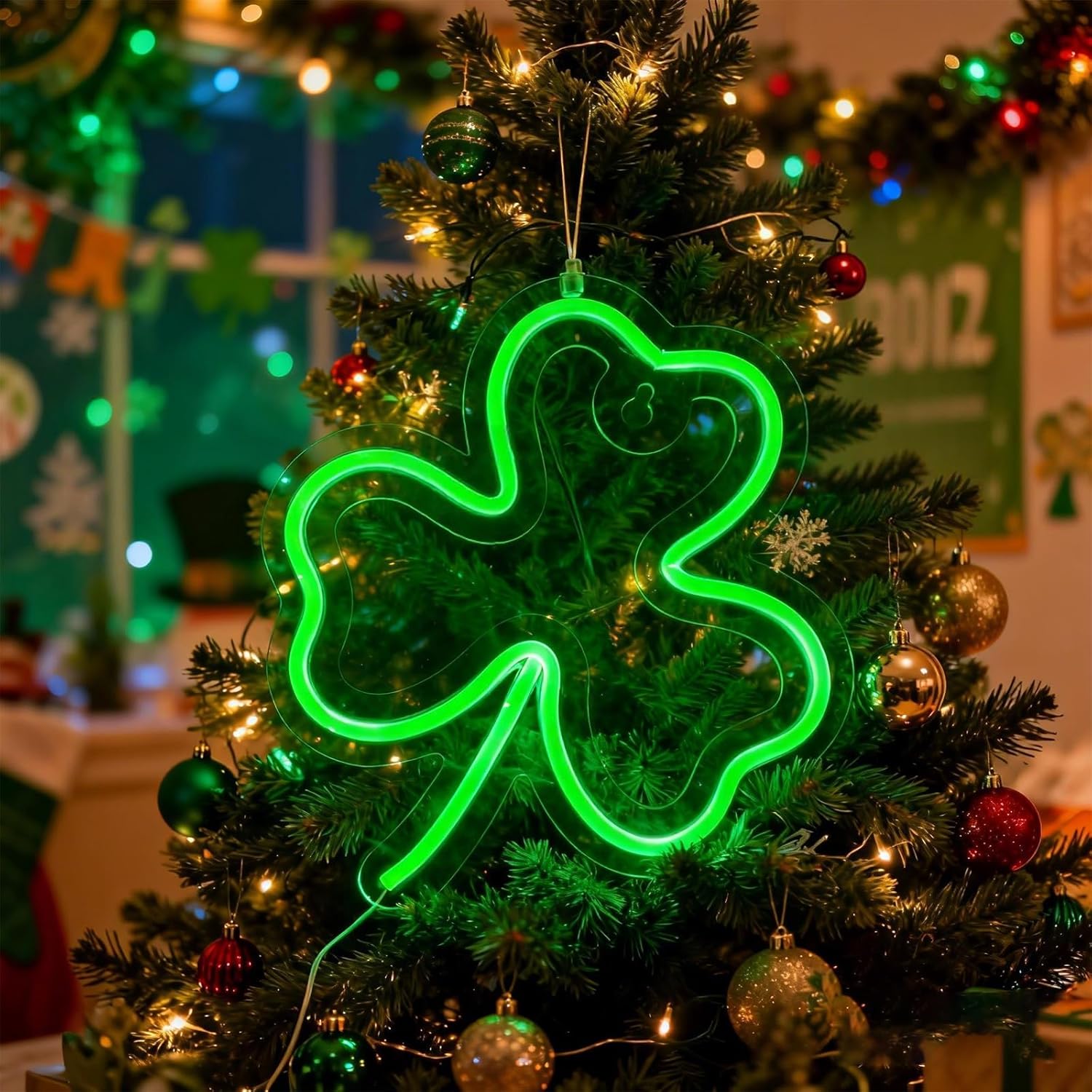 3 Packs St. Patrick's Day Window Lights Decorations with Timer, 8 Modes Green Shamrock Neon Sign with Remote, USB Powered Shamrock String Lights for Home Wall Indoor Outdoor