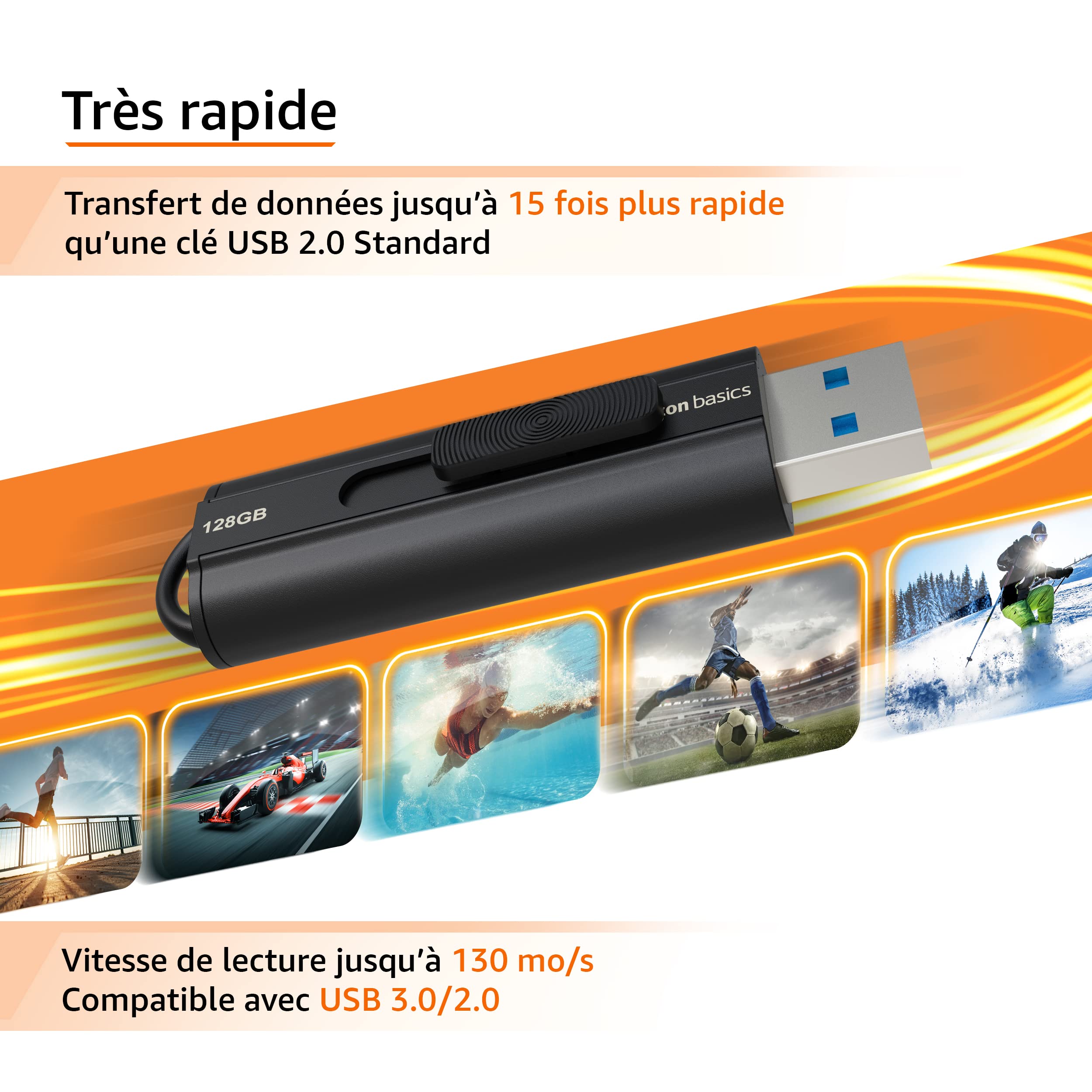 Amazon Basics 128 Go Clé USB 3.1 Noir, vitesse de lecture 130 Mo/s
